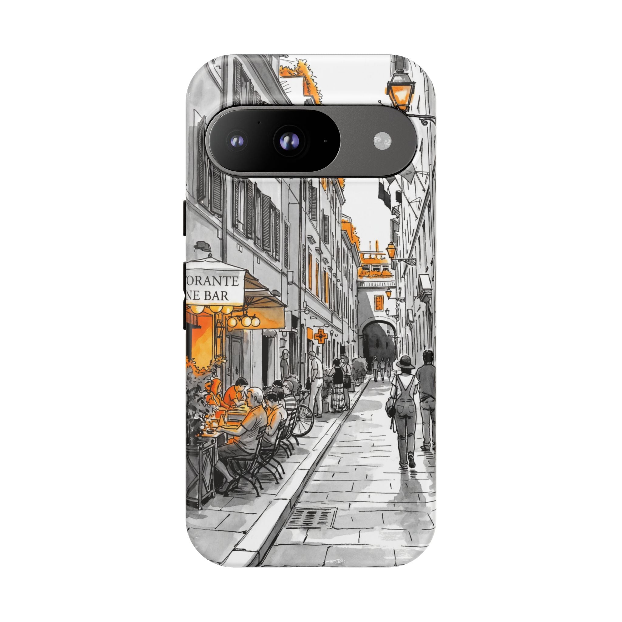 Italy Street Phone Case | Vintage Italian Cafe Sketch with Orange Accents