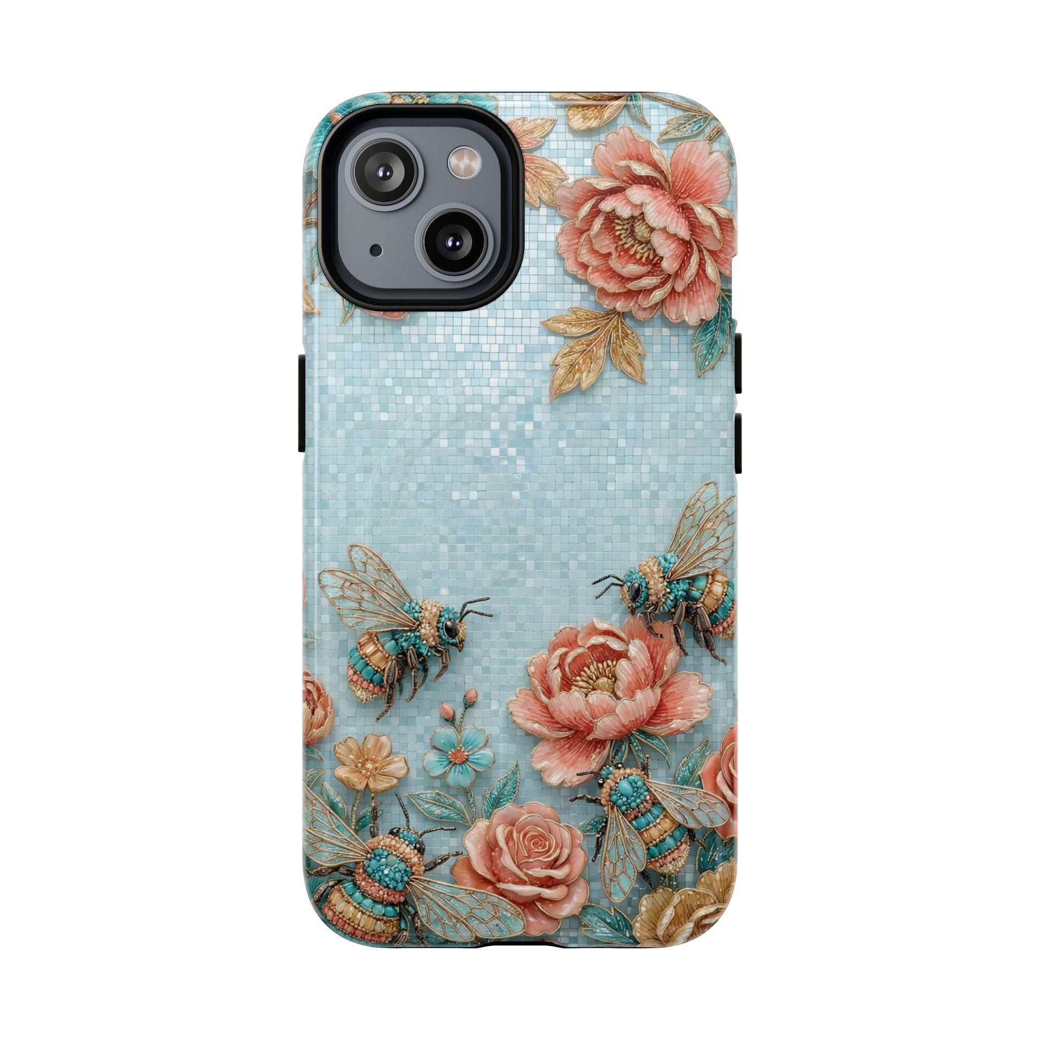 Floral Bees MagSafe iPhone Case | Vintage Rose & Turquoise Protective Cover