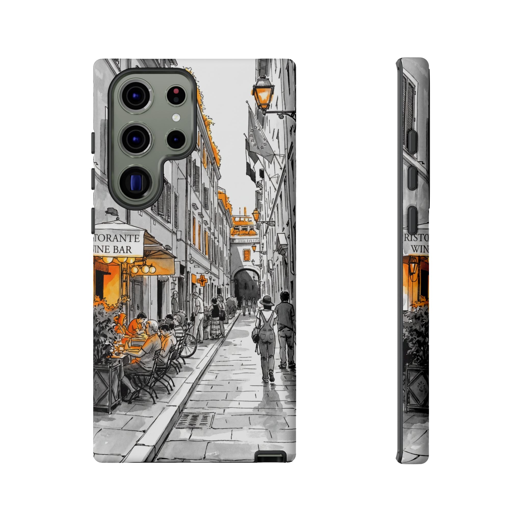 Italy Street Samsung Galaxy Case | Black & White Cityscape with Orange Accents