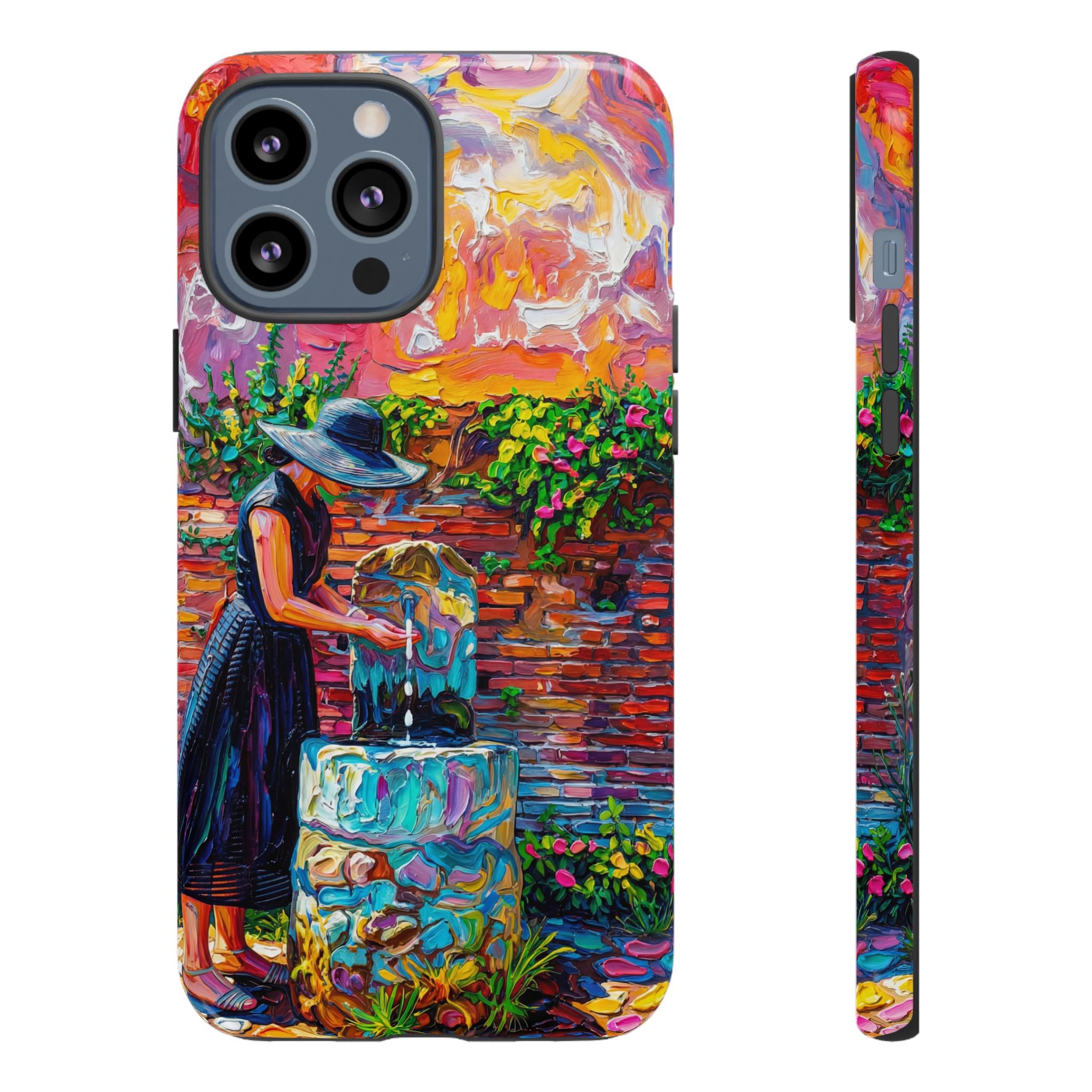 Artistic Garden iPhone Case | Woman at Fountain Colourful Painterly Design