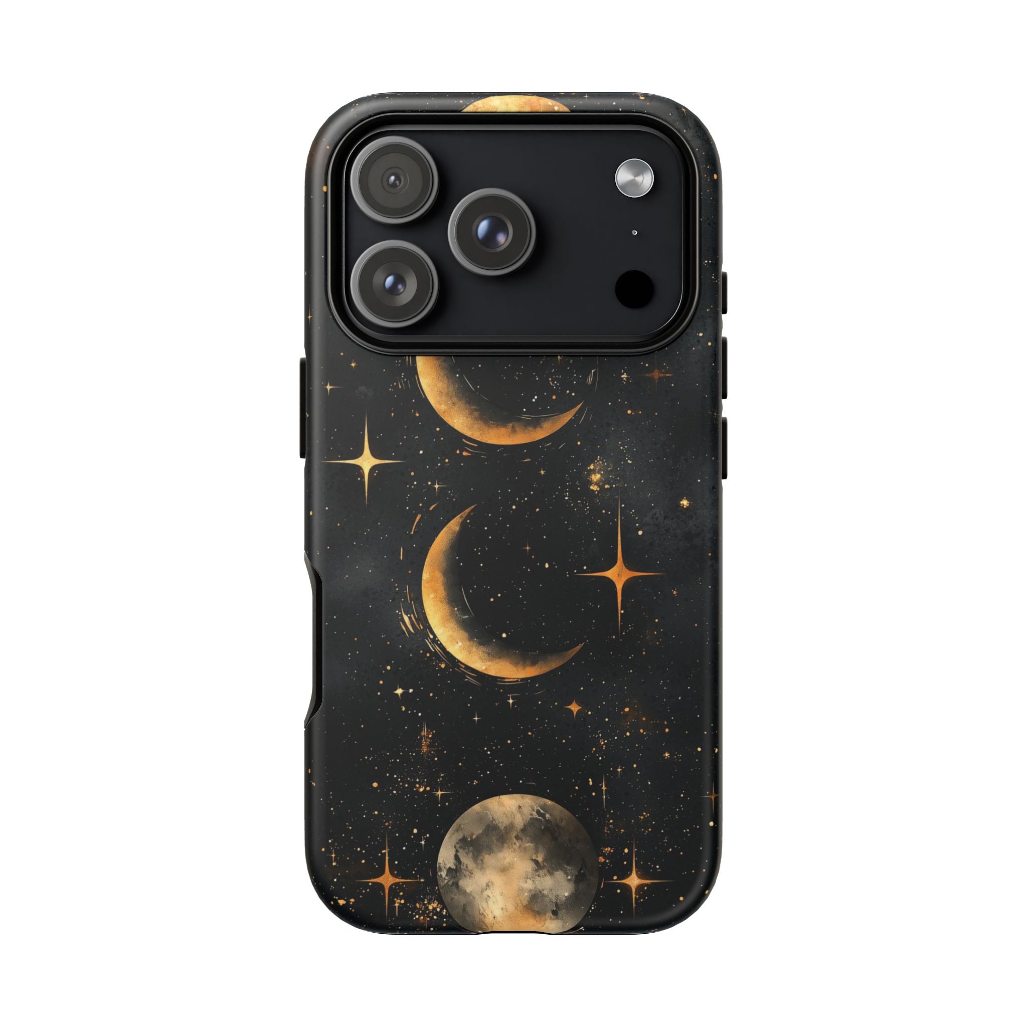 Celestial Moon Phases Tough iPhone Case | Gold Crescent & Full Moon Galaxy Design