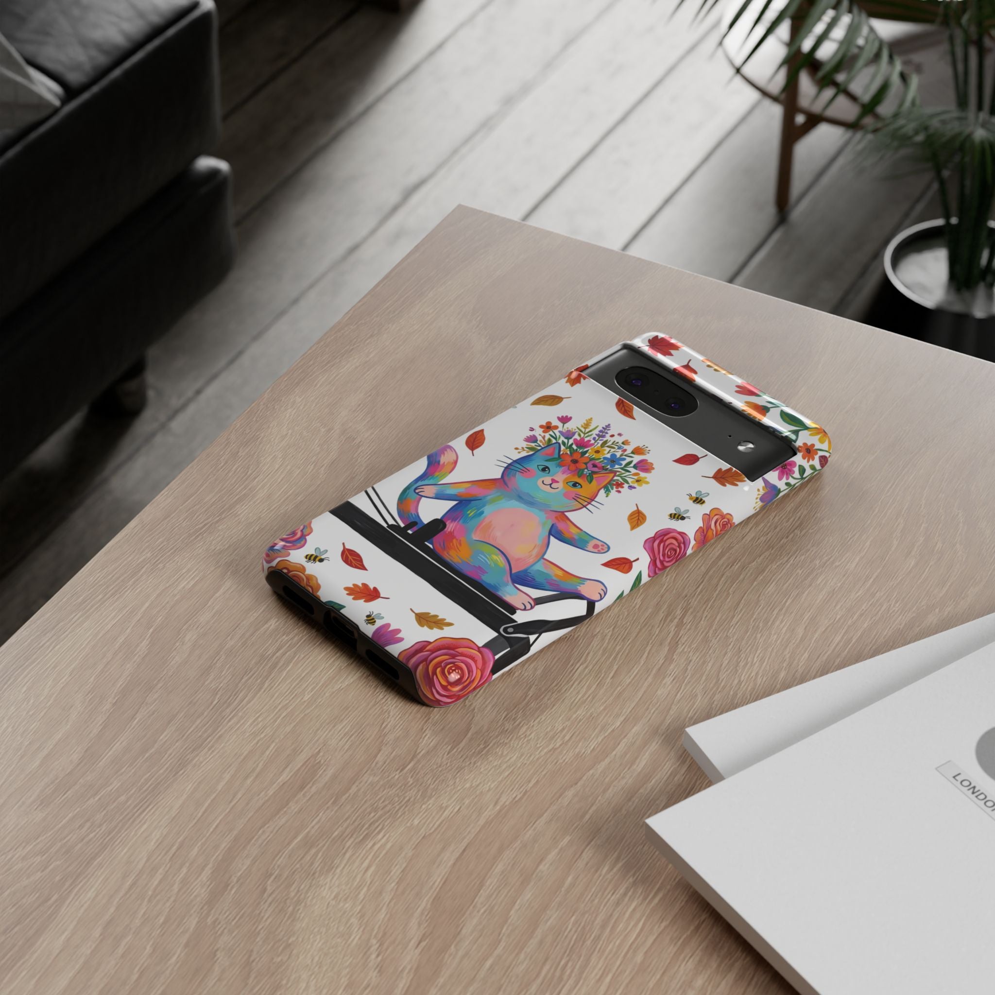 Custodia protettiva per Google Pixel con gatto floreale colorato su Pilates Reformer