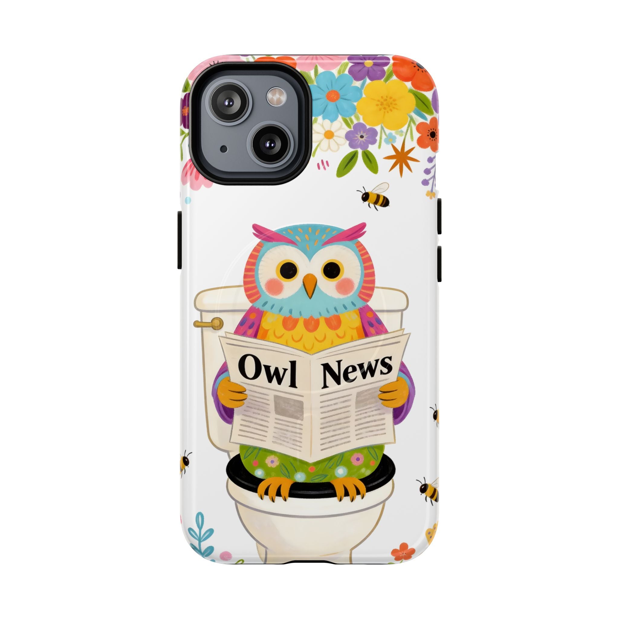 Owl News Floral MagSafe iPhone Case | Cute Owl Reading Newspaper on Toilet