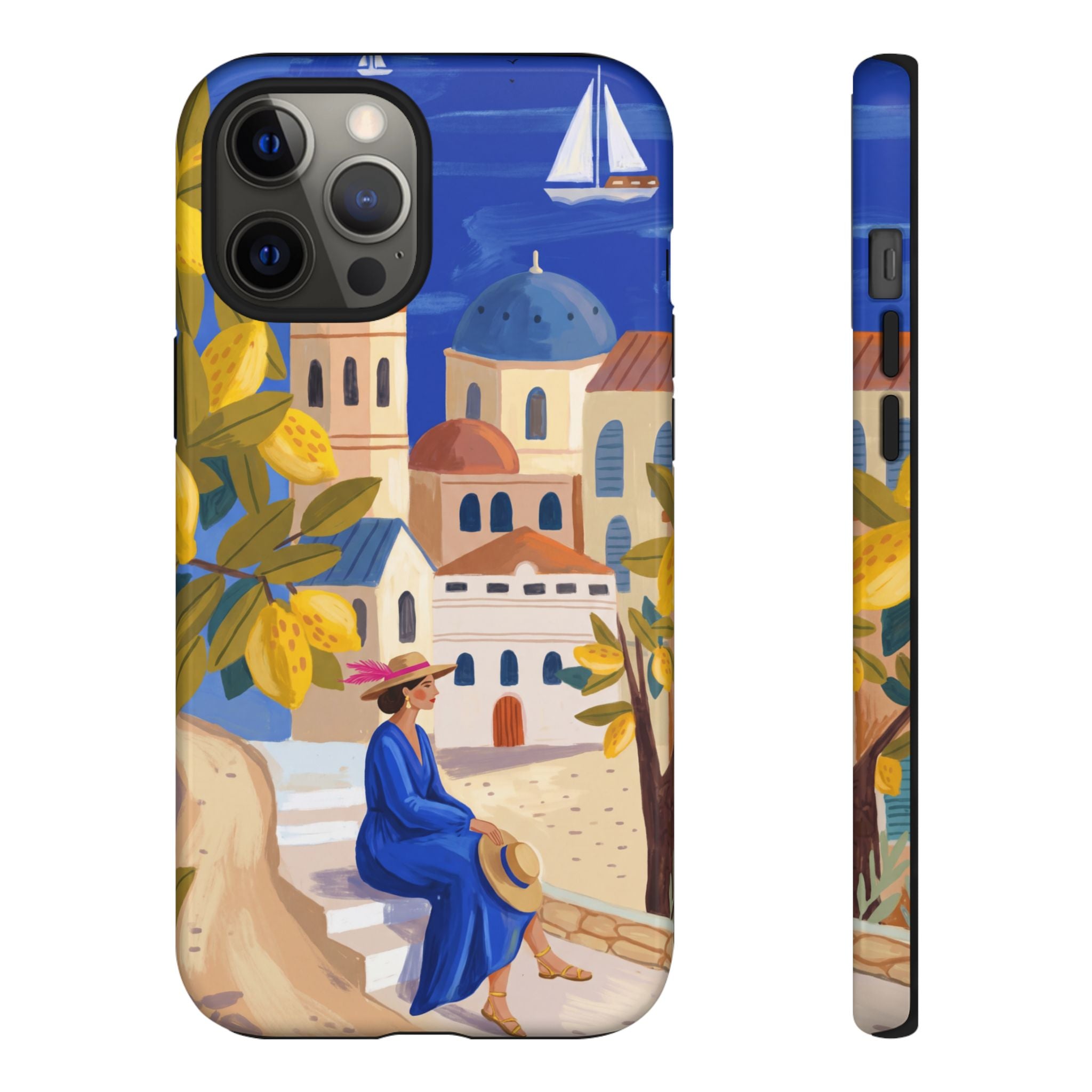 Mediterranean Village iPhone Case | Scenic Sailboat & Lemon Grove Design