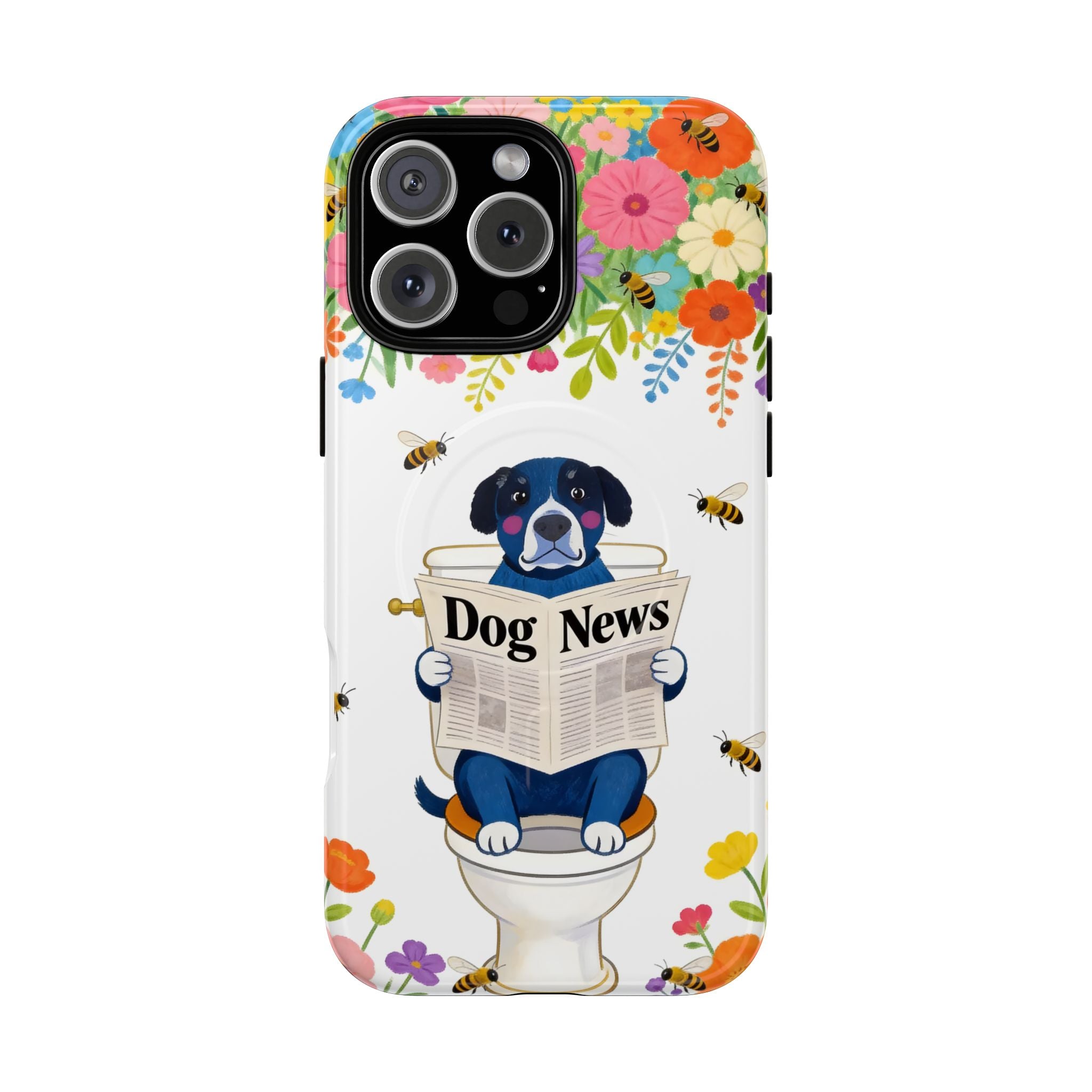 Dog News Floral MagSafe iPhone Case | Cute Dog on Toilet Pattern, Spring Floral iPhone Cover