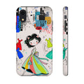 Retro Fashion Cat Girl iPhone Case | Cute Dress & City Print