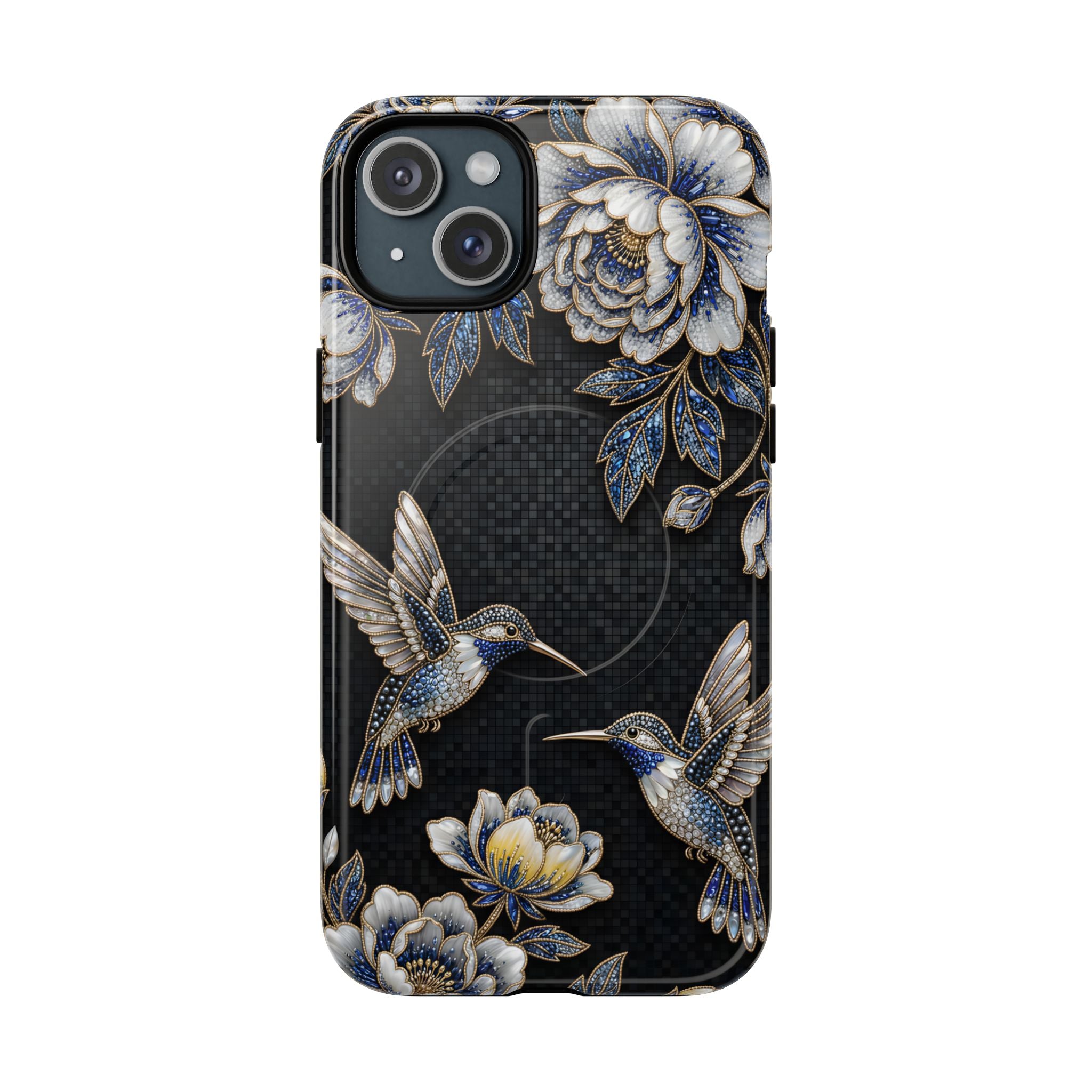 Hummingbird & Peony Floral MagSafe iPhone Case | Elegant Black Protective Cover