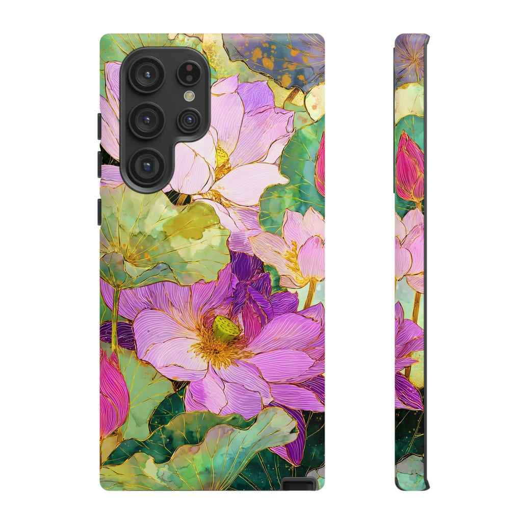 Custodia Protettiva Resistente per Telefono Samsung Galaxy con Acquerello Floreale | Cover Protettiva Giardino di Loto Rosa