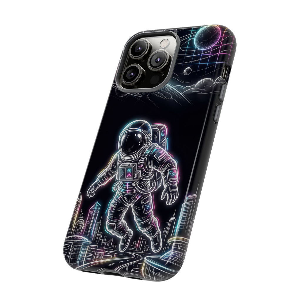 Custodia per iPhone a tema astronauta ed esploratore spaziale al neon