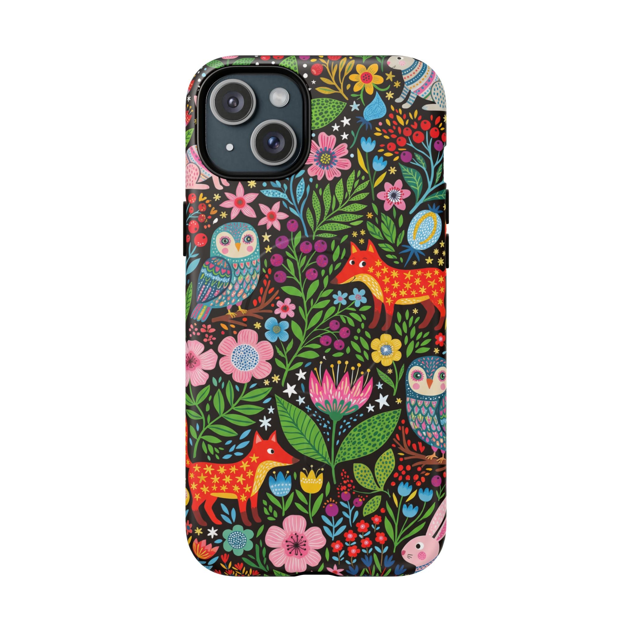 Floral Woodland MagSafe iPhone Case | Colourful Fox & Owl Protective Cover