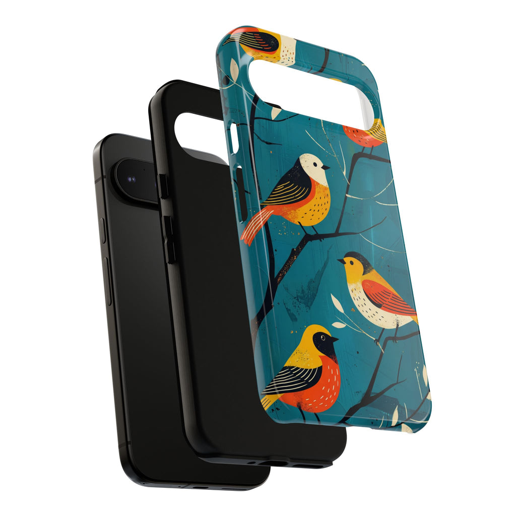 Bird Pattern Tough Google Pixel Phone Case | Colourful Songbirds on Teal Background