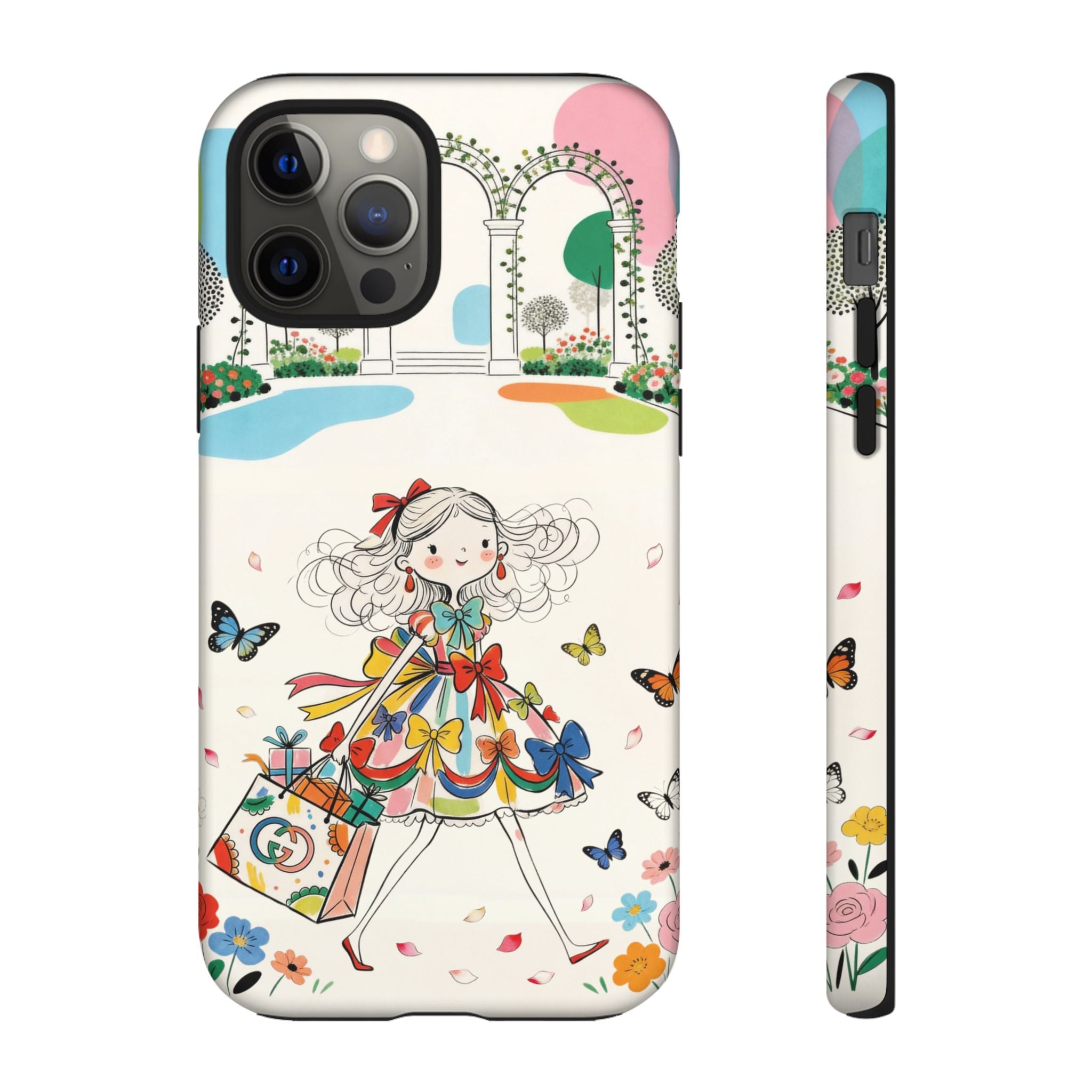 Whimsical Shopping Girl iPhone Case | Cute Floral Butterfly Tough Case