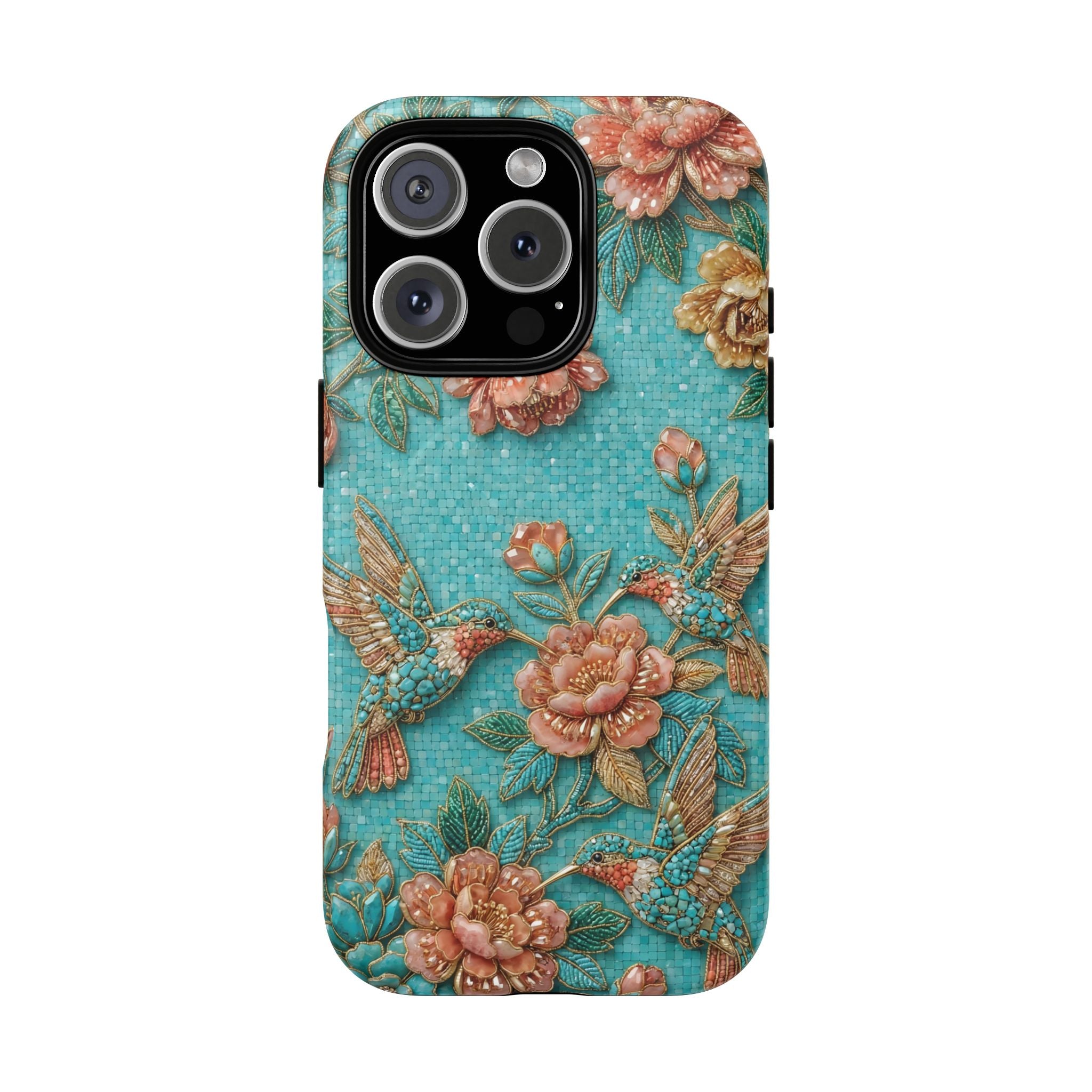 Floral Hummingbird Tough MagSafe iPhone Case | Turquoise Embroidered Garden Design