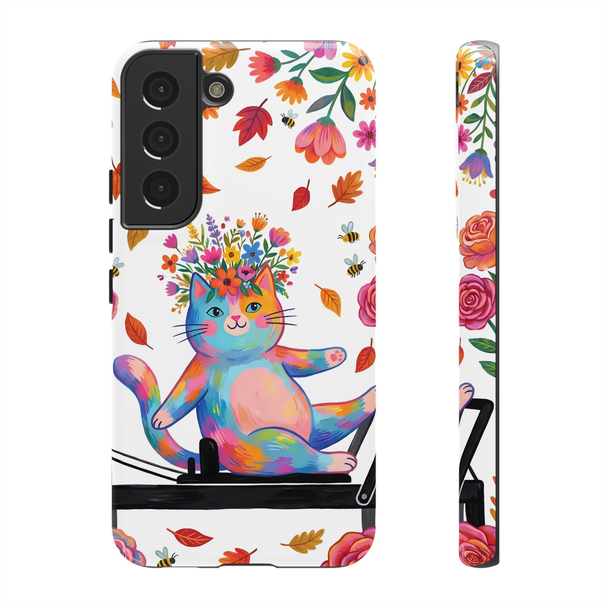 Colorful Floral Cat on Pilates Reformer Protective Samsung Galaxy Phone Case