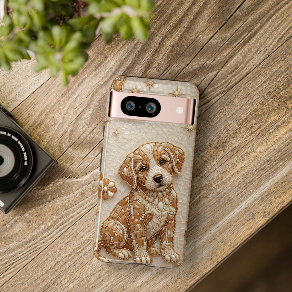 Cute Mosaic Puppy Google Pixel Phone Case — Protective Phone Cover with Brown Puppy Art