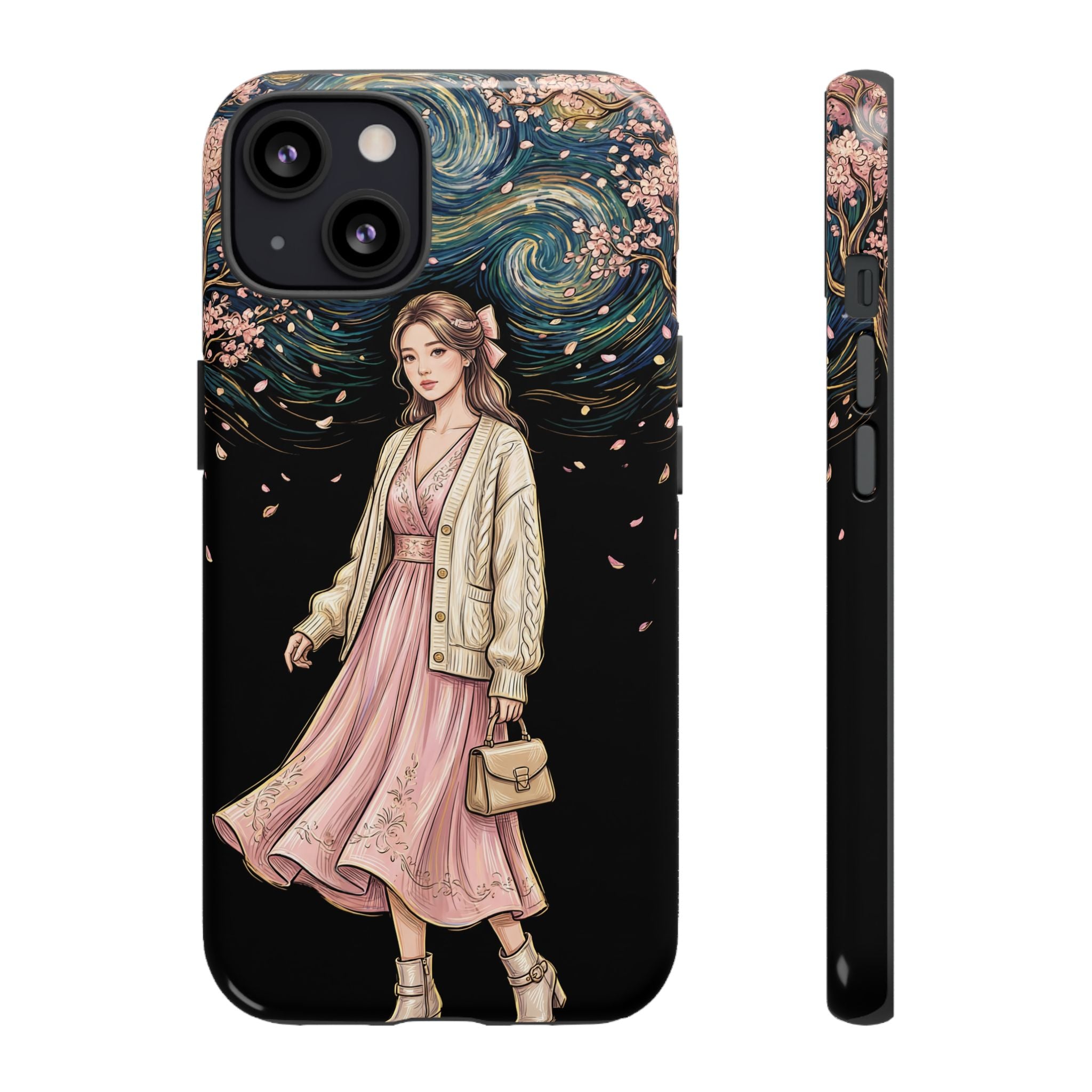 Floral Starry Night iPhone Case | Elegant Girl in Pink Dress