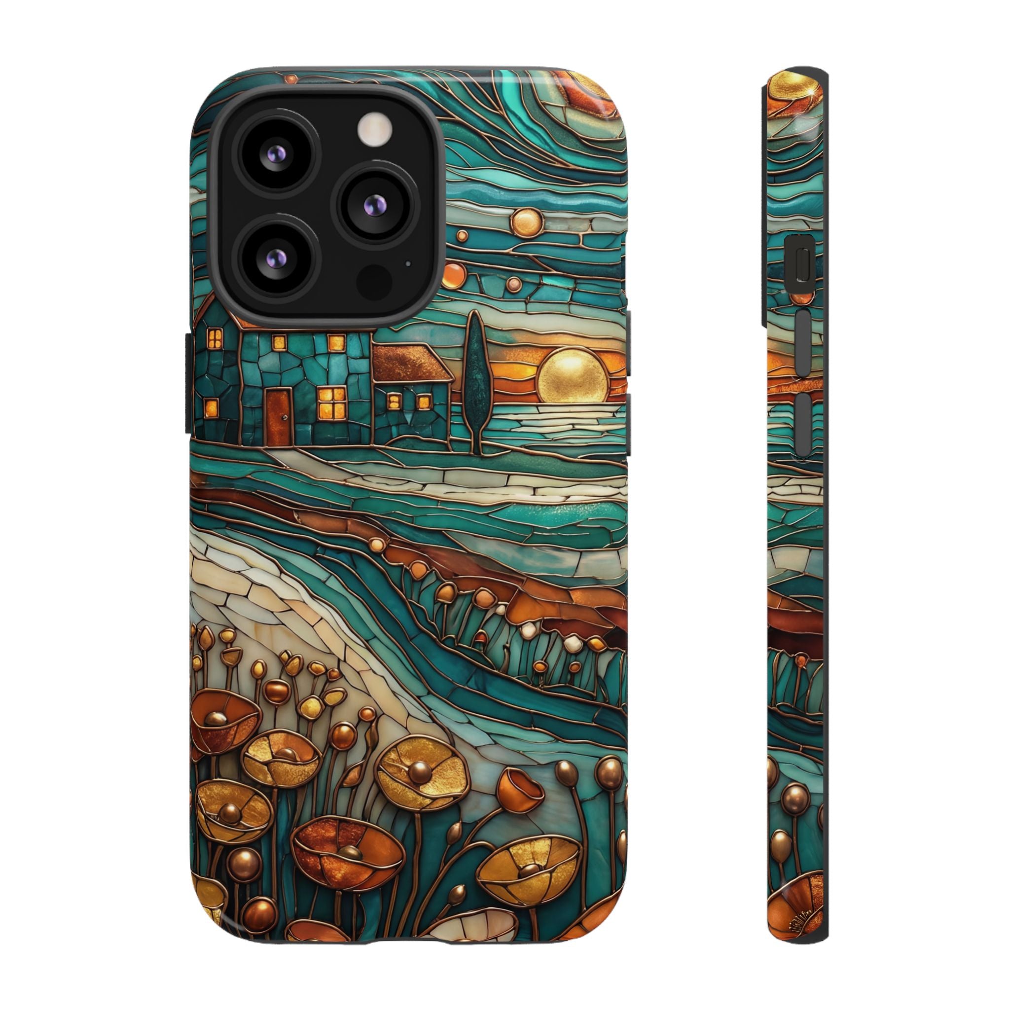 Artistic Sunset Cottage iPhone Case | Whimsical Floral Landscape Protective Cover