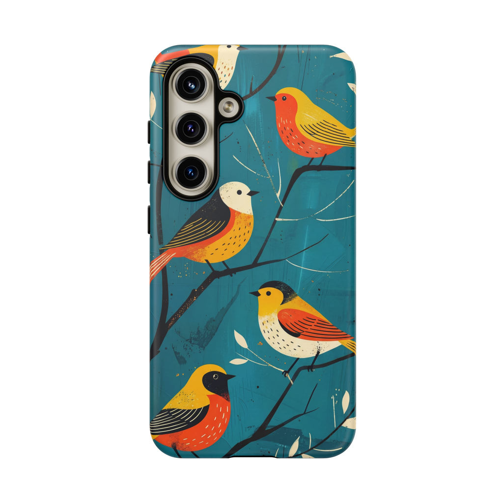 Bird Pattern Tough Samsung Galaxy Phone Case | Colourful Songbirds on Teal Background