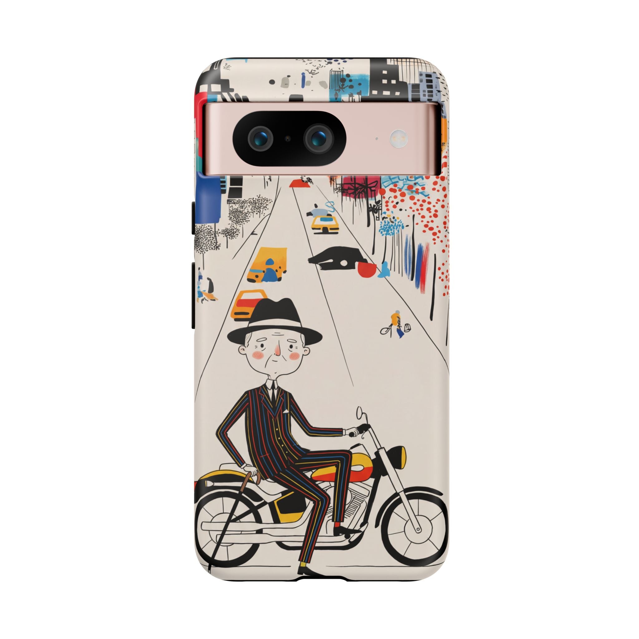 Vintage Grandpa Rider Motorcycle Google Pixel Phone Case | Illustrated Cityscape