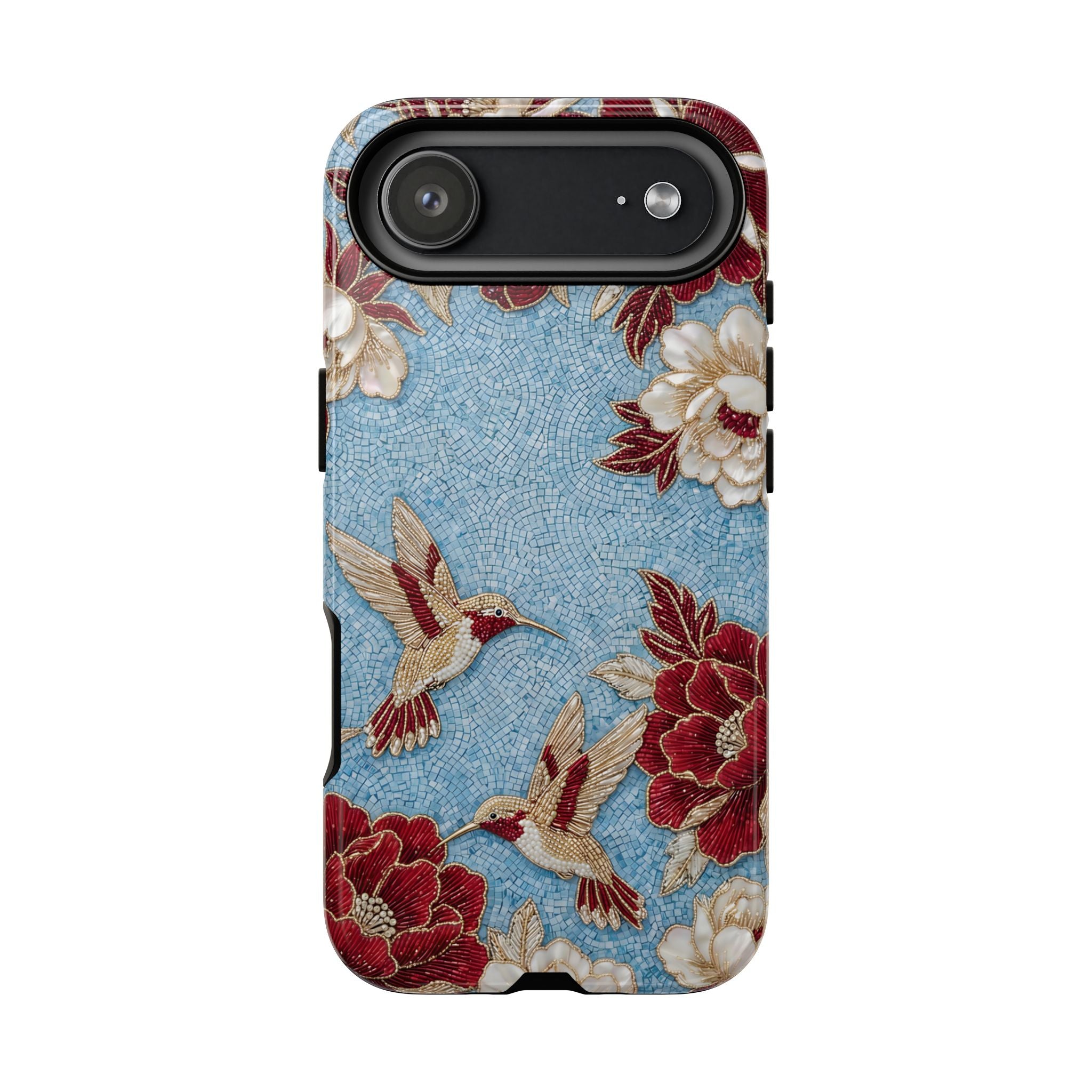 Floral Hummingbird Tough iPhone Case | Vintage Blue & Burgundy Botanical Design