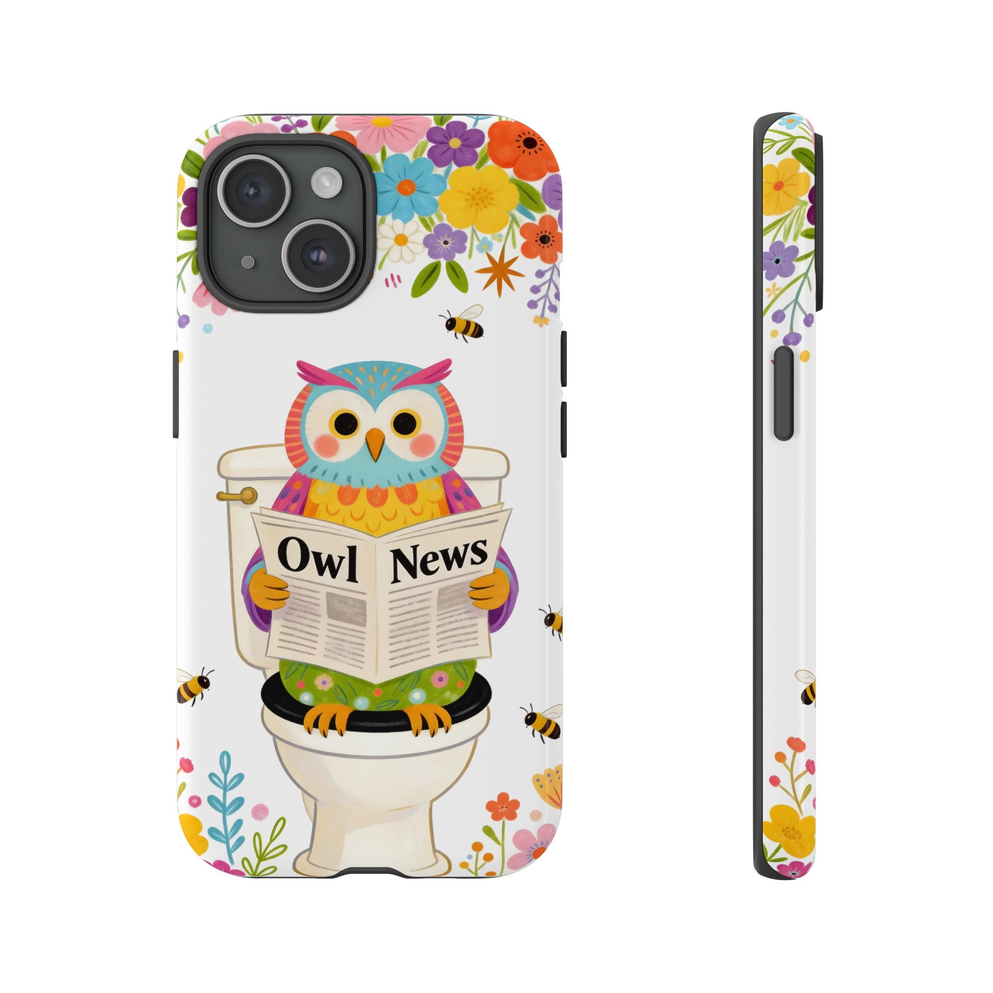 Owl News Floral iPhone Case | Cute Owl Reading Newspaper on Toilet