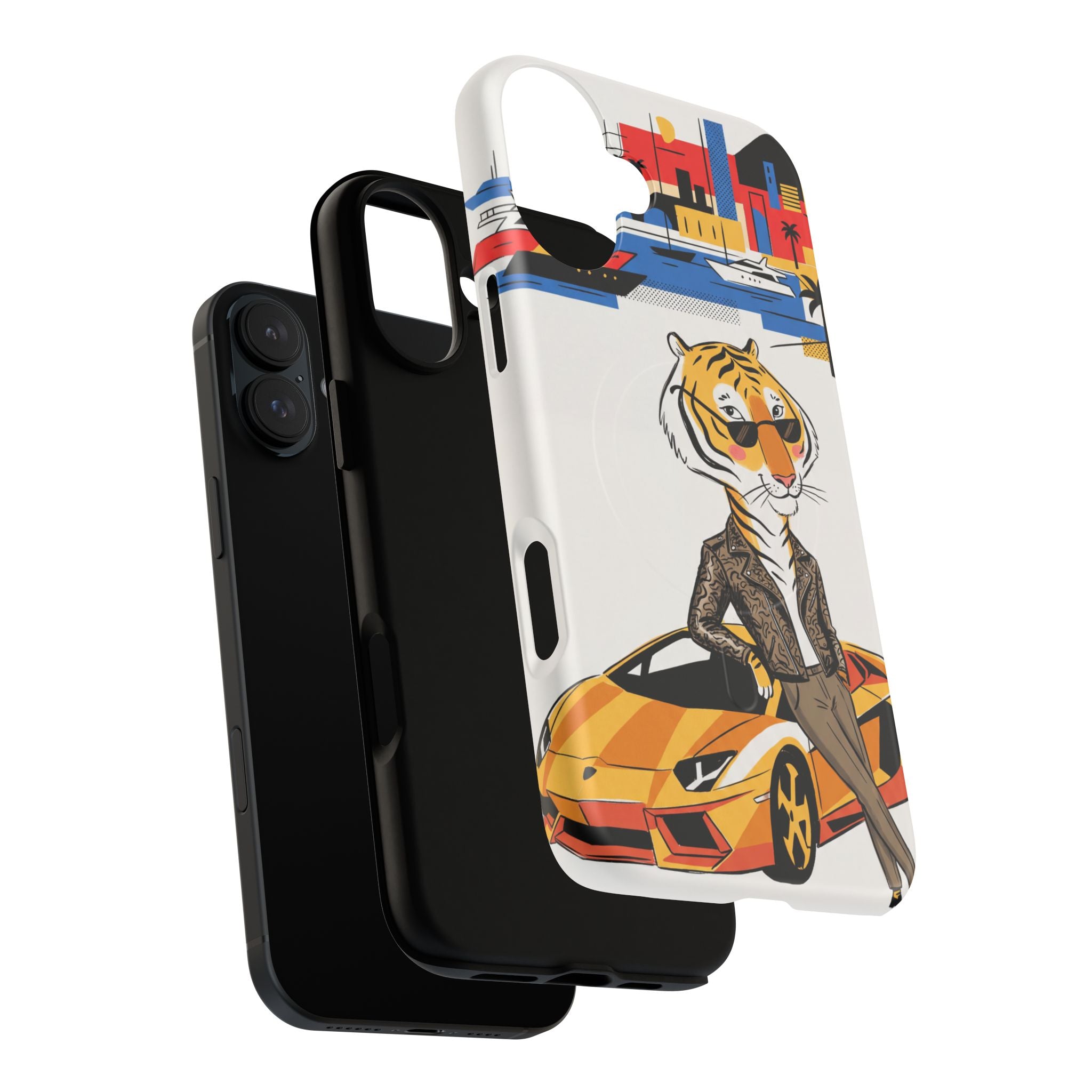 Stylish Tiger with Sports Car Illustration MagSafe iPhone Case