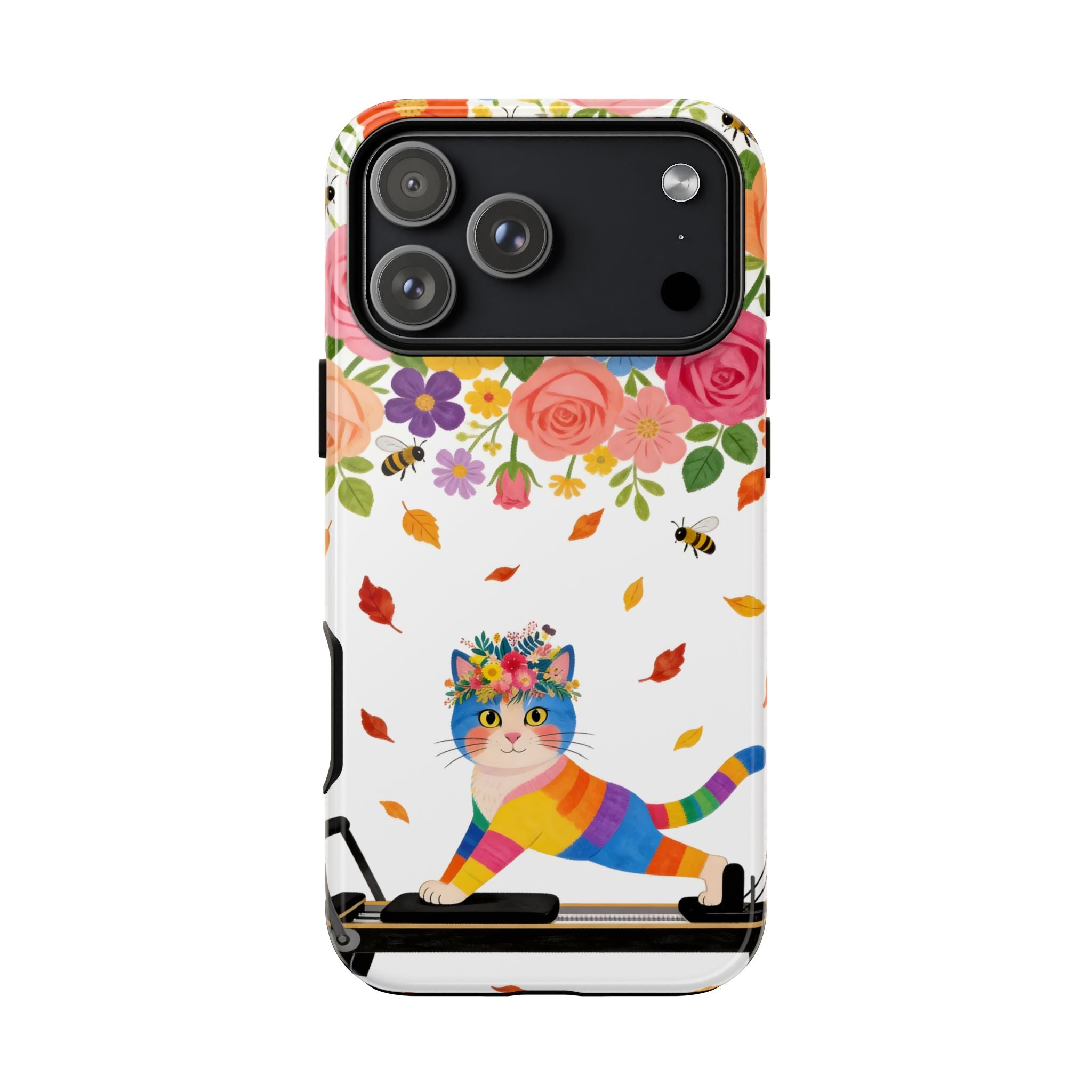 Floral Rainbow Cat Tough iPhone Case — Colorful Pilates Cat Design
