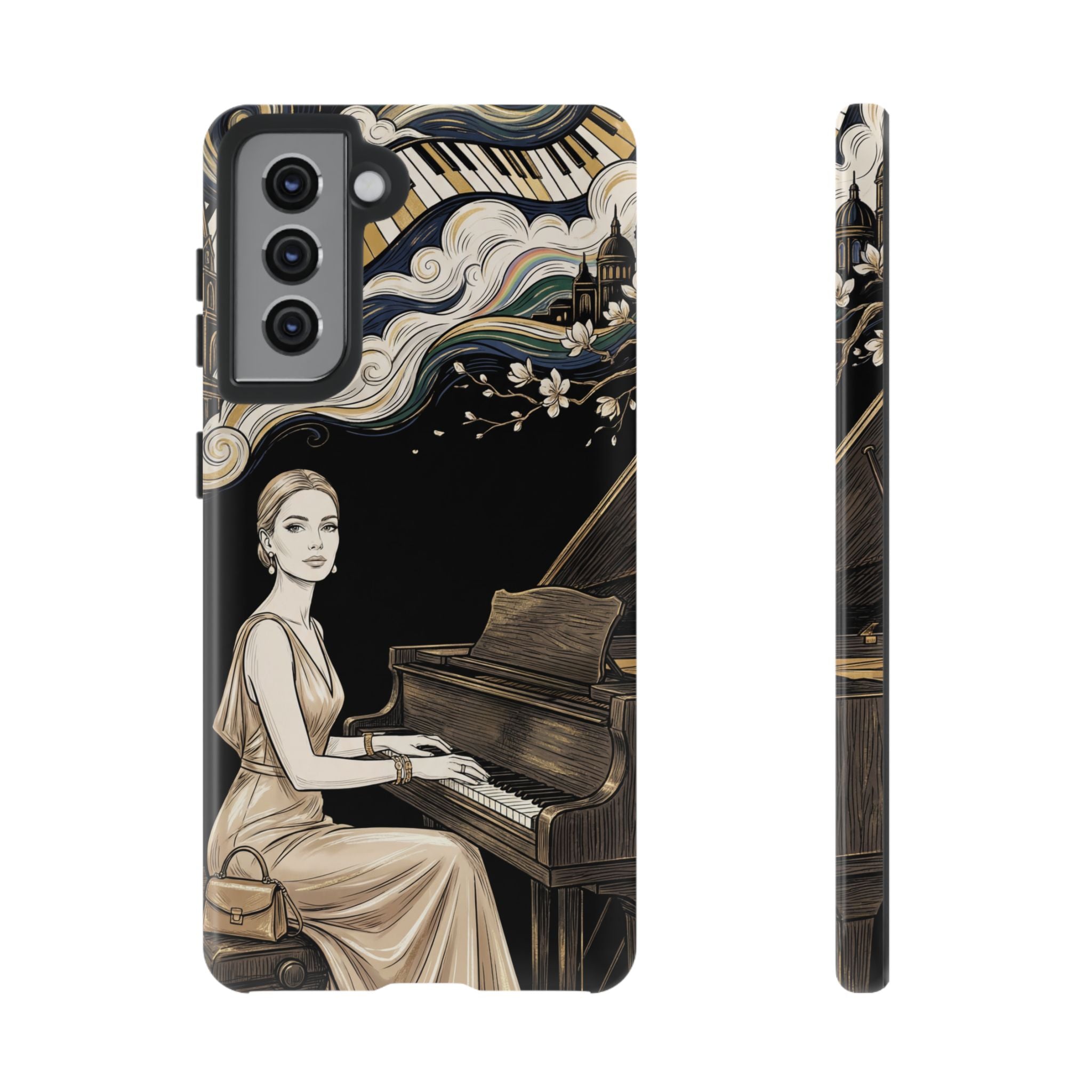Elegant Piano Woman Samsung Galaxy Phone Case | Vintage Art Deco Music Design