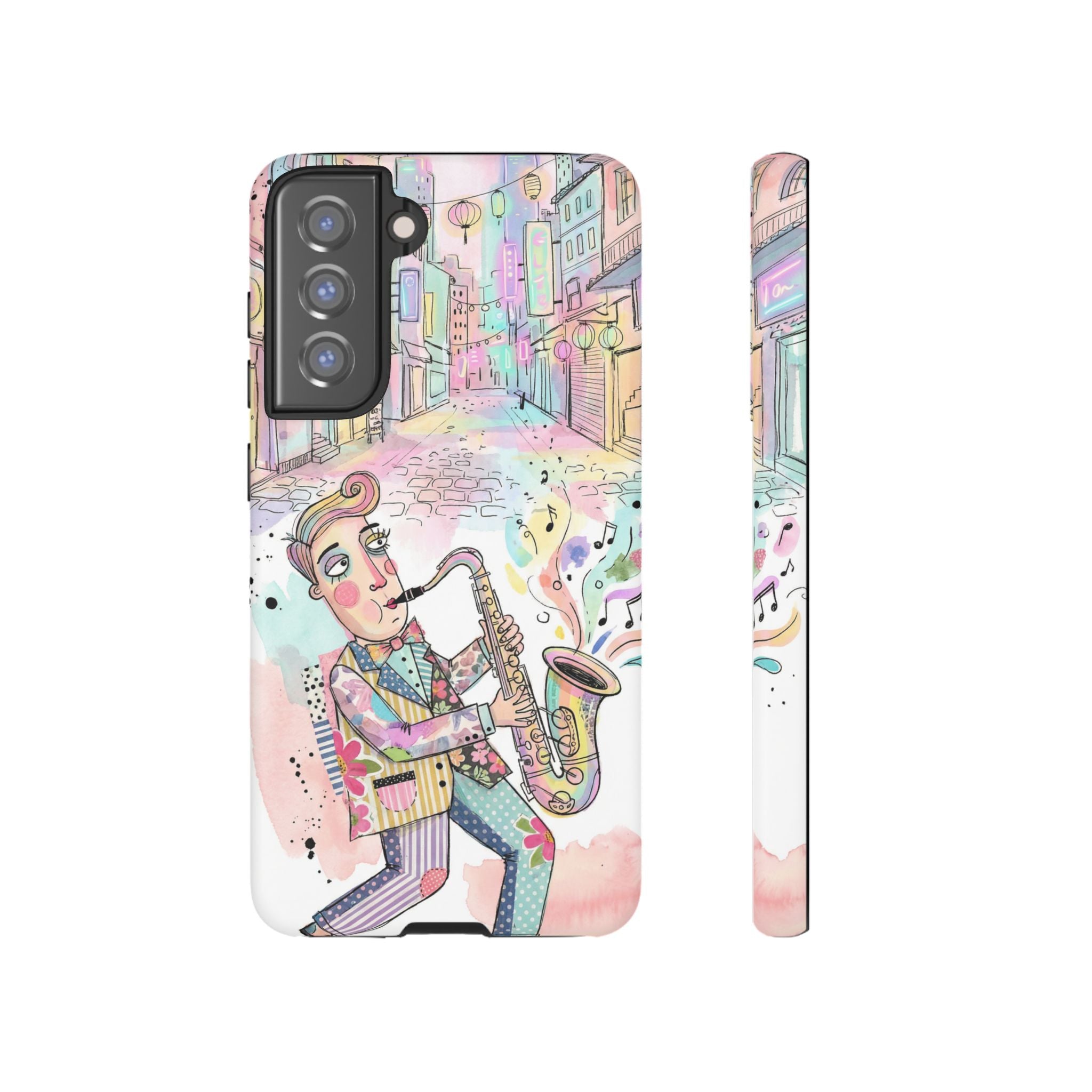 Sax Player Art Samsung Galaxy Phone Case | Pastel Jazz Street Illustration