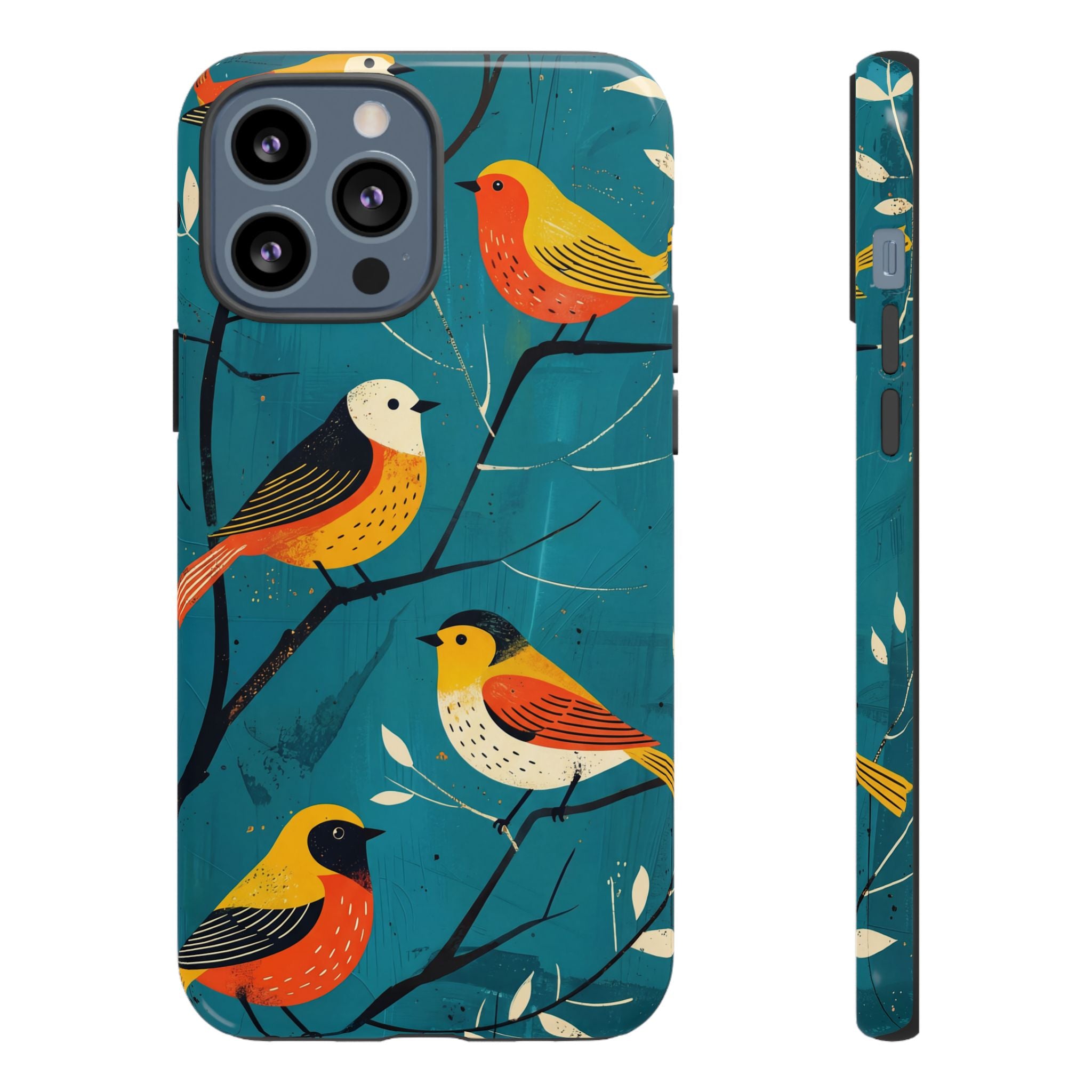 Bird Pattern Tough iPhone Case | Colourful Songbirds on Teal Background