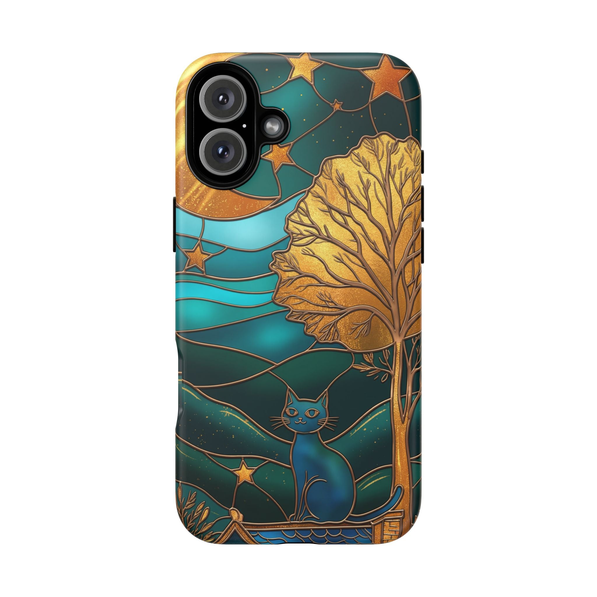 Stained Glass Cat Tough iPhone Case — Gold Tree & Starry Night Design