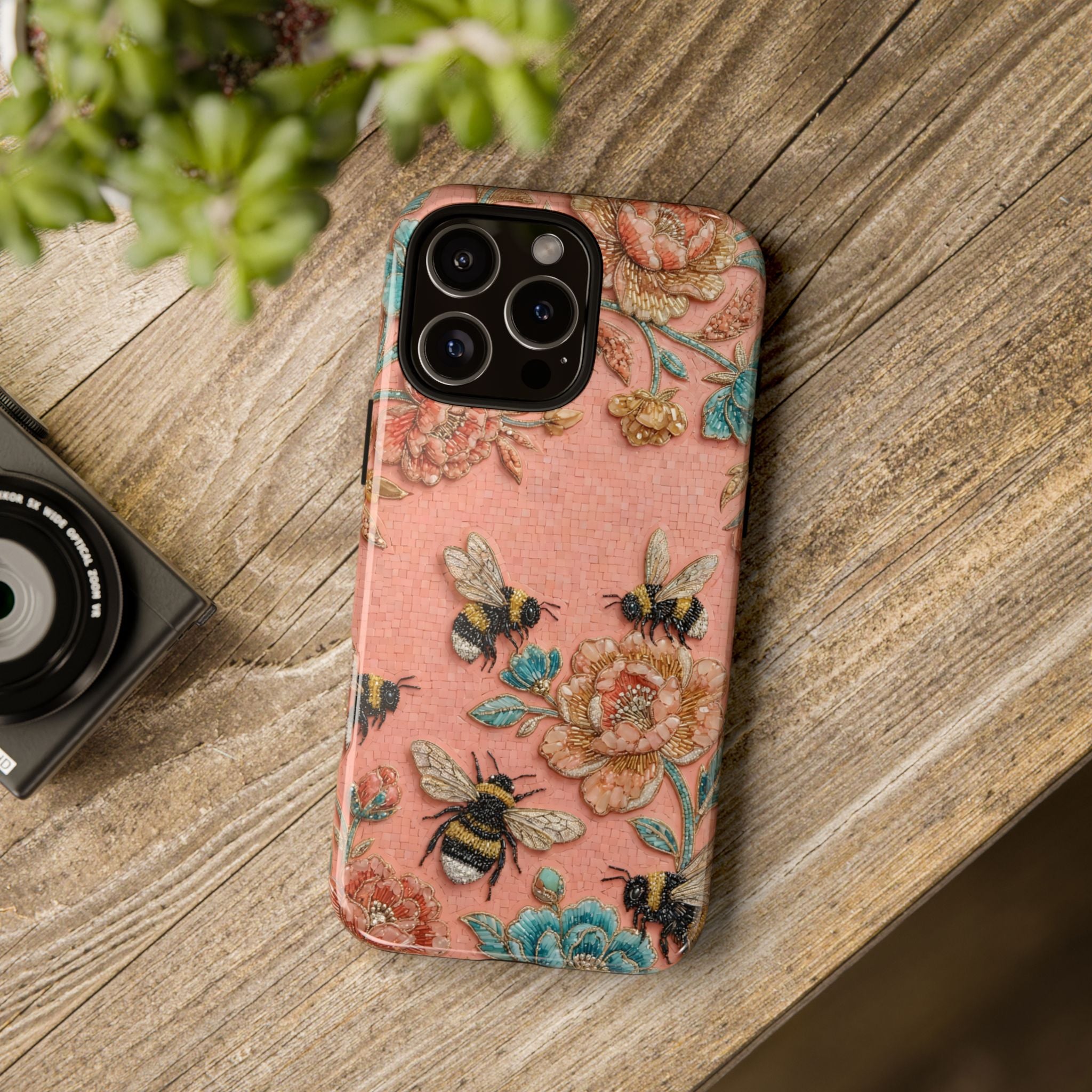 Floral Bee Tough iPhone Case | Vintage Pink Garden Protective Cover