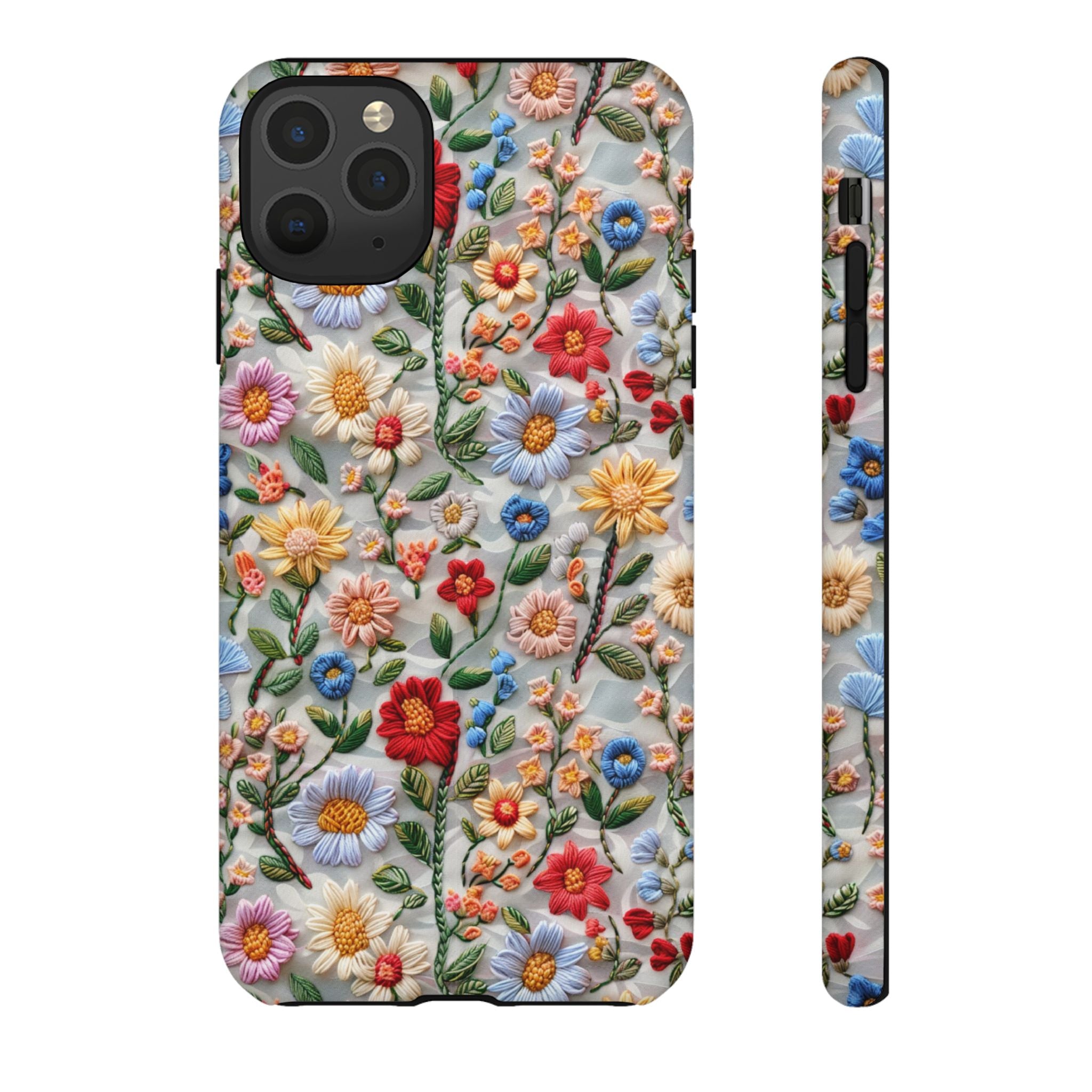 Floral Embroidered Pattern Tough iPhone Case — Colourful Daisy & Wildflower Design