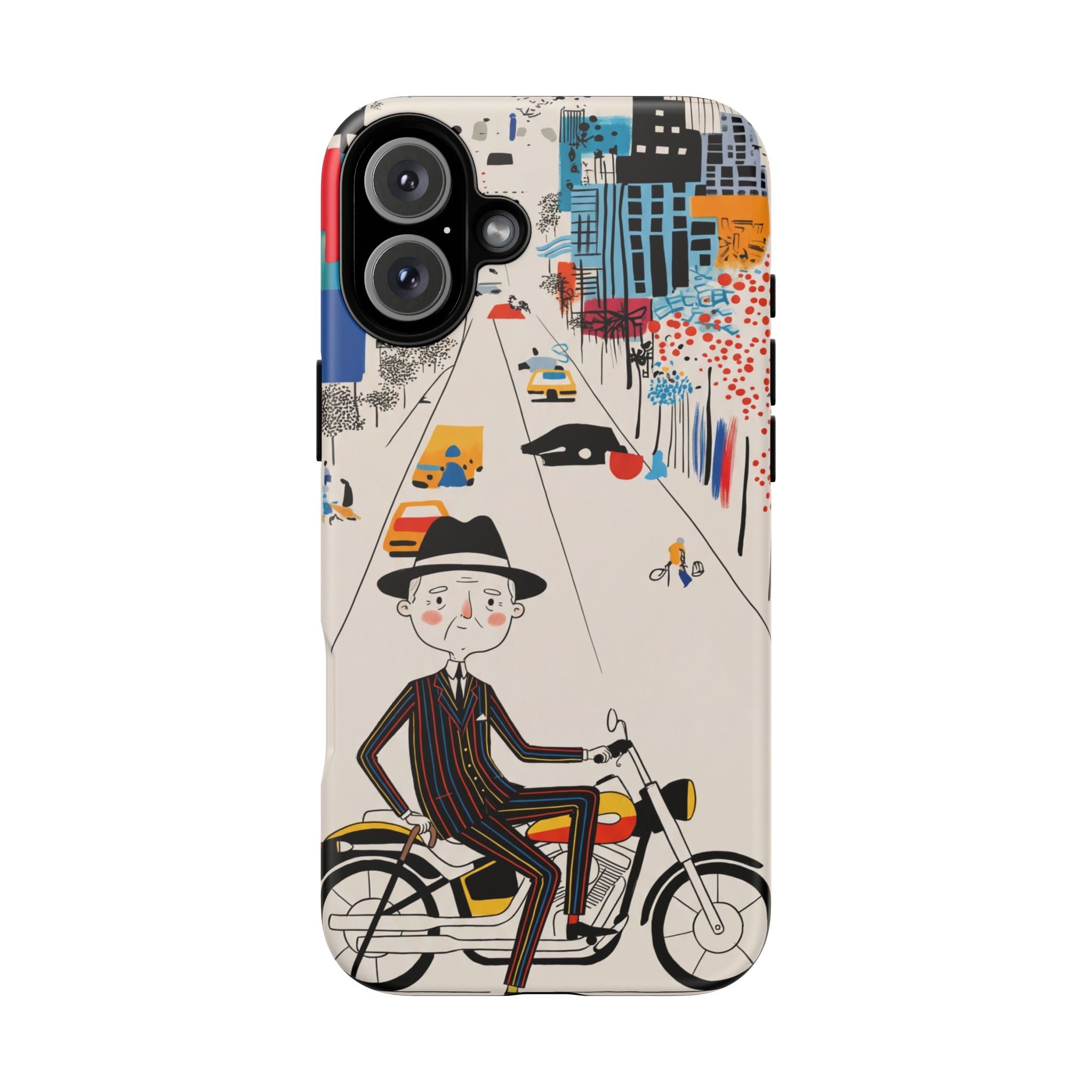 Vintage Grandpa Rider Motorcycle iPhone Case | Illustrated Cityscape