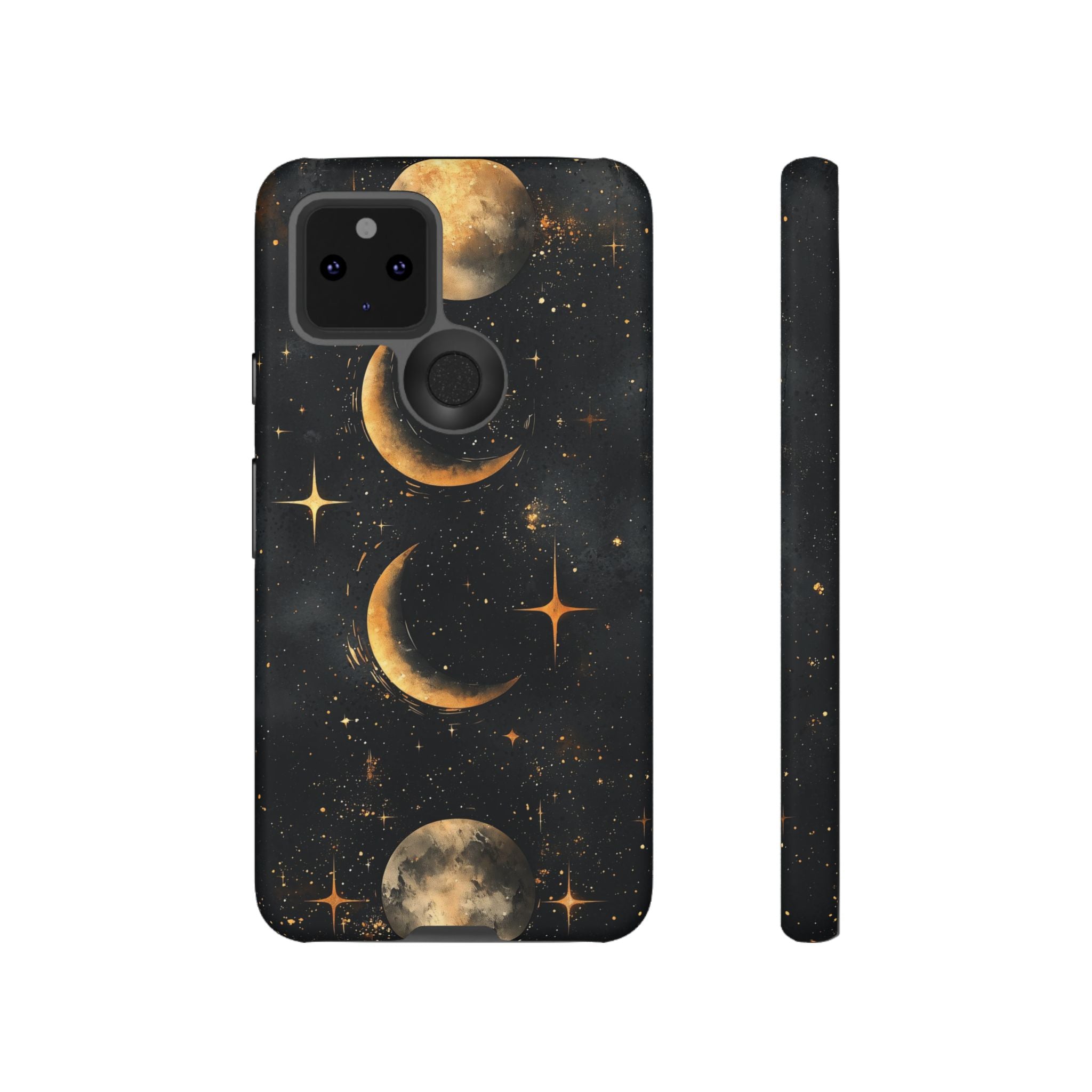 Celestial Moon Phases Tough Google Pixel Case | Gold Crescent & Full Moon Galaxy Design