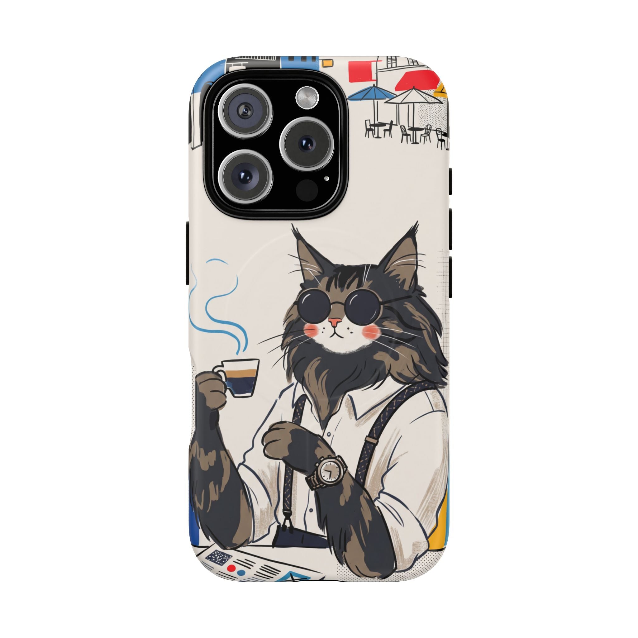 Cat Barista MagSafe iPhone Case | Cool Cat in Sunglasses Coffee Shop Design