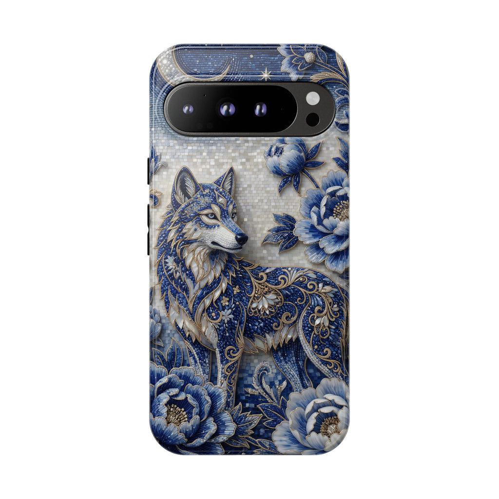Blue Floral Wolf Tough Google Pixel Phone Case | Moonlit Wolf Protective Cover