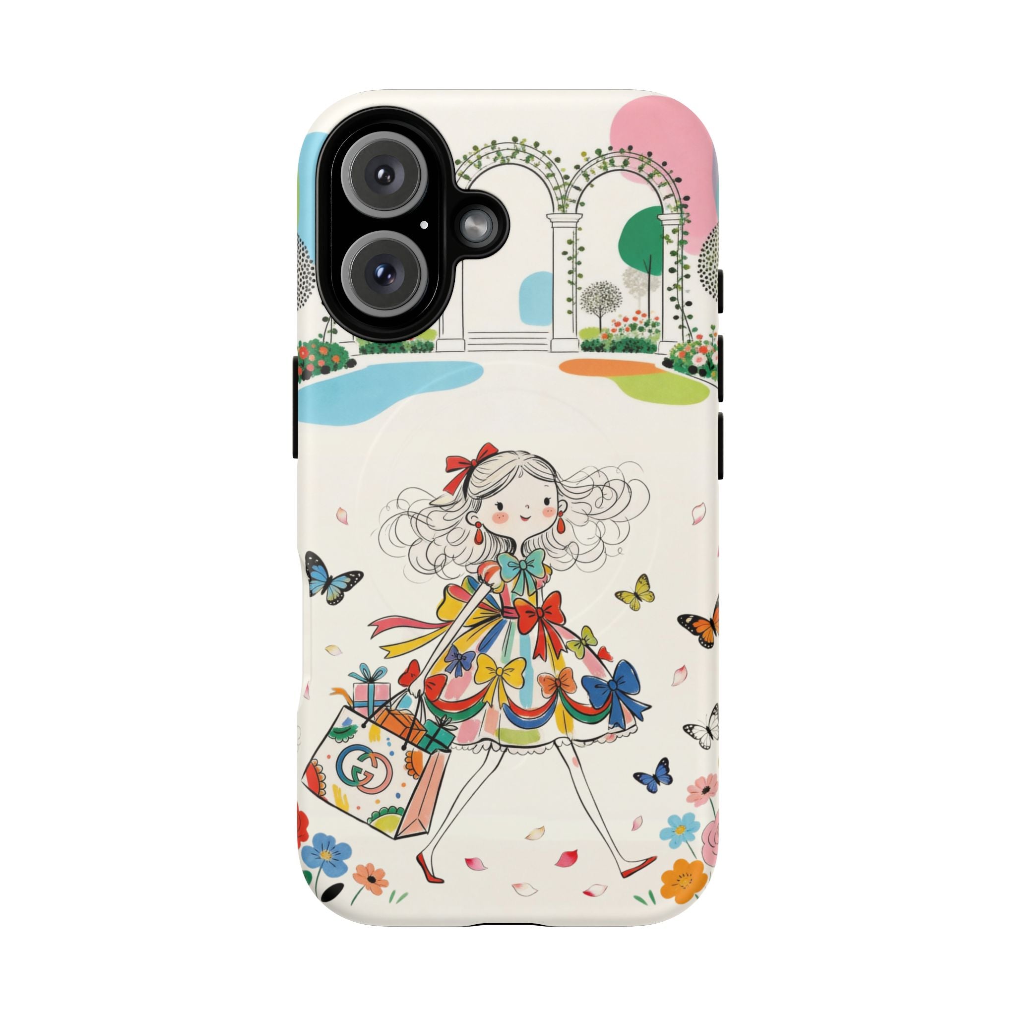 Whimsical Shopping Girl MagSafe iPhone Case | Cute Floral Butterfly Tough Case
