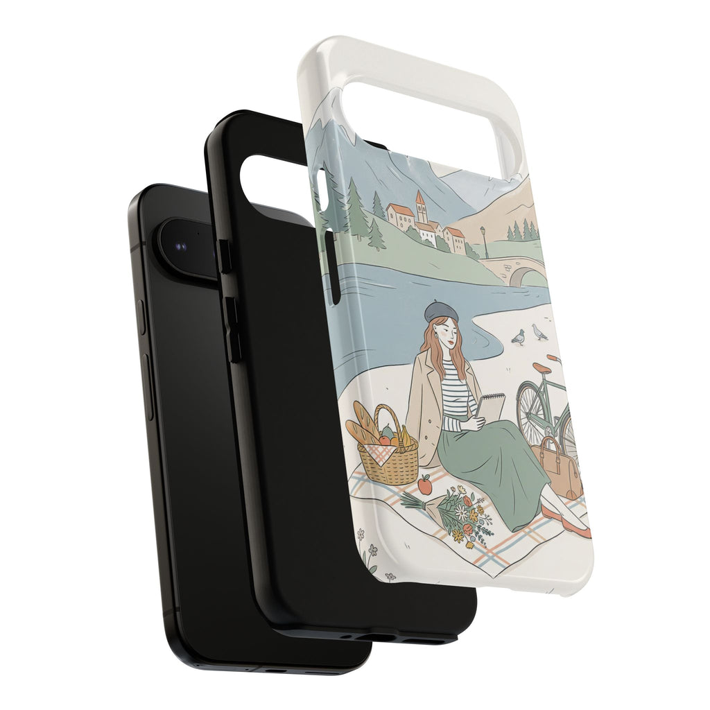 Scenic Picnic Google Pixel Phone Case | Vintage Bicycle & Mountain Illustration