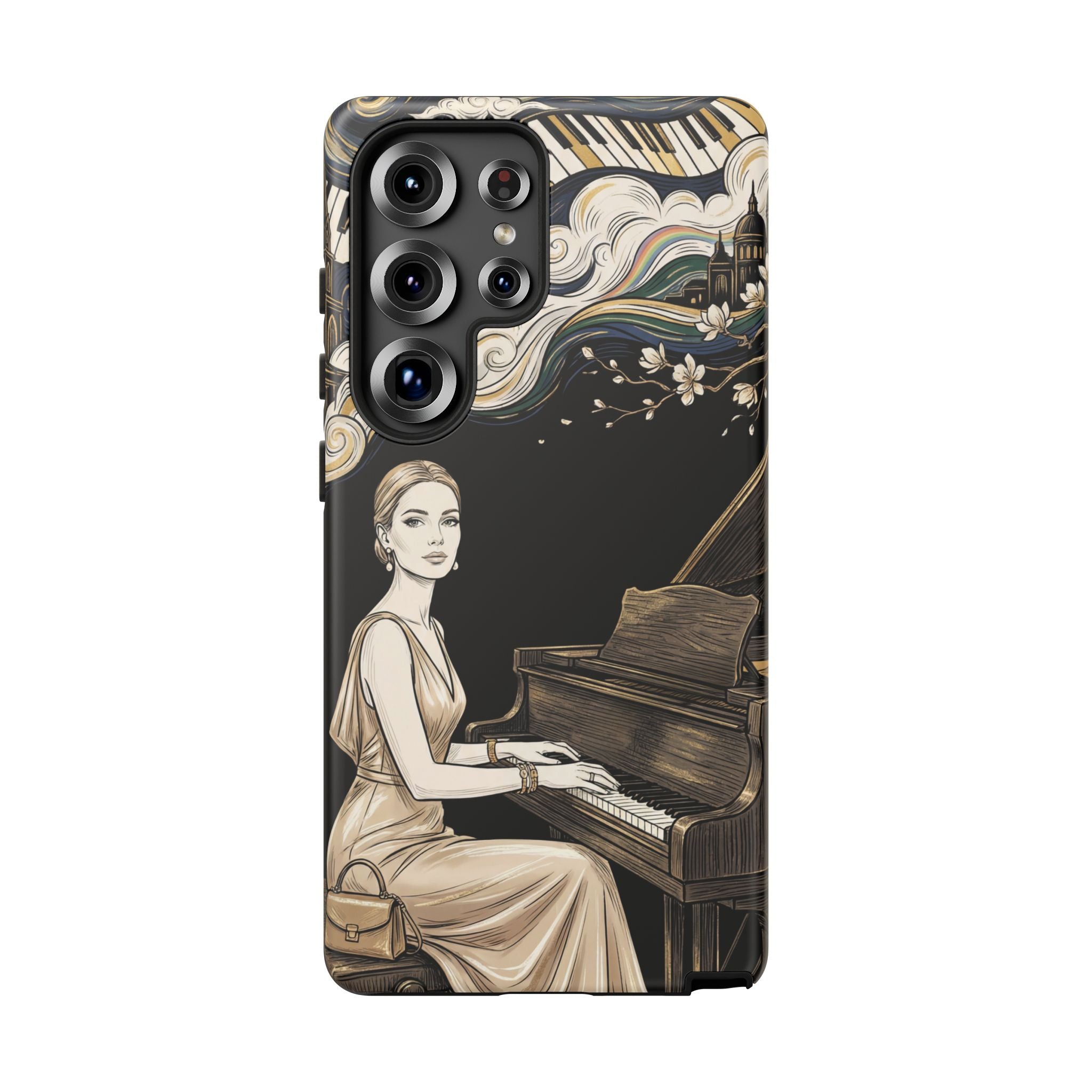 Elegant Piano Woman Samsung Galaxy Phone Case | Vintage Art Deco Music Design