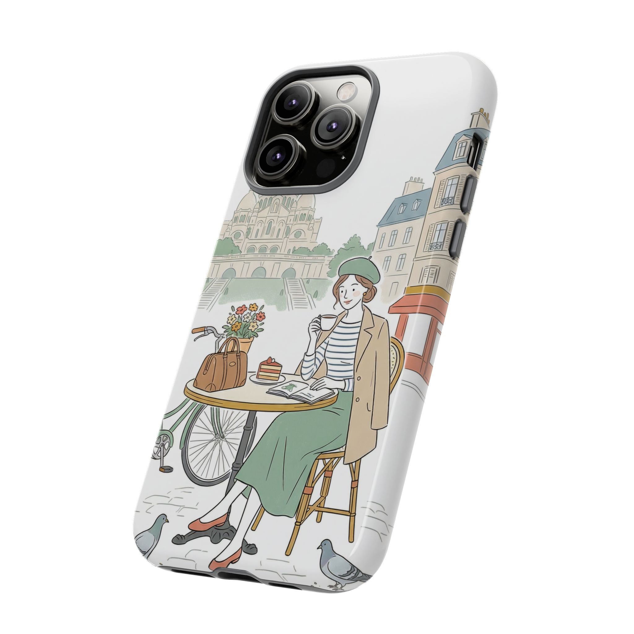 Paris Cafe Illustration iPhone Case | Vintage Bicycles & Pigeons Protective Cover