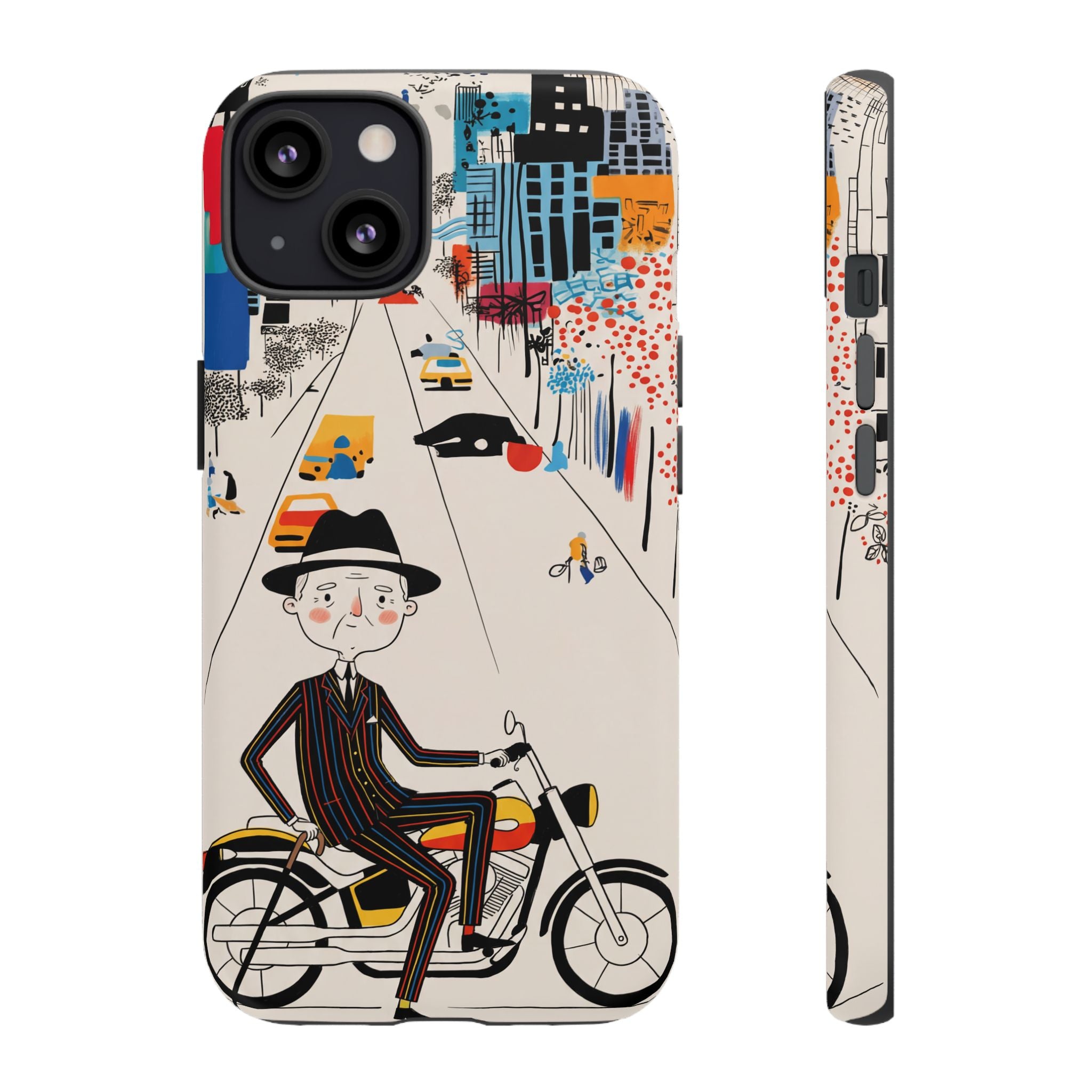 Vintage Grandpa Rider Motorcycle iPhone Case | Illustrated Cityscape