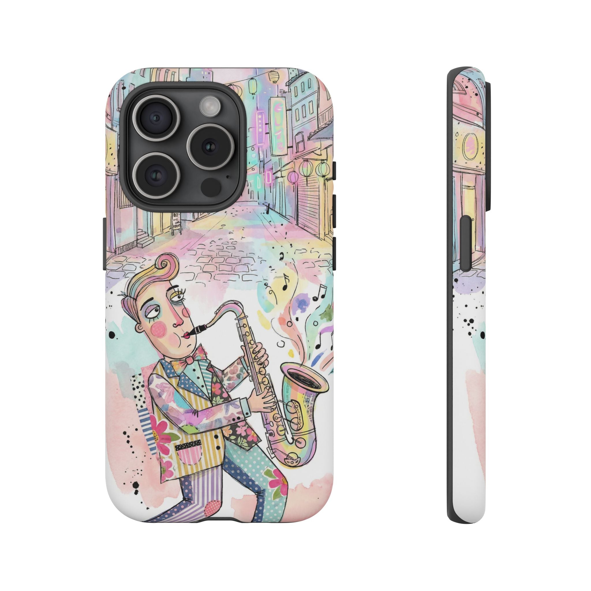 Sax Player Art iPhone Case | Pastel Jazz Street Illustration
