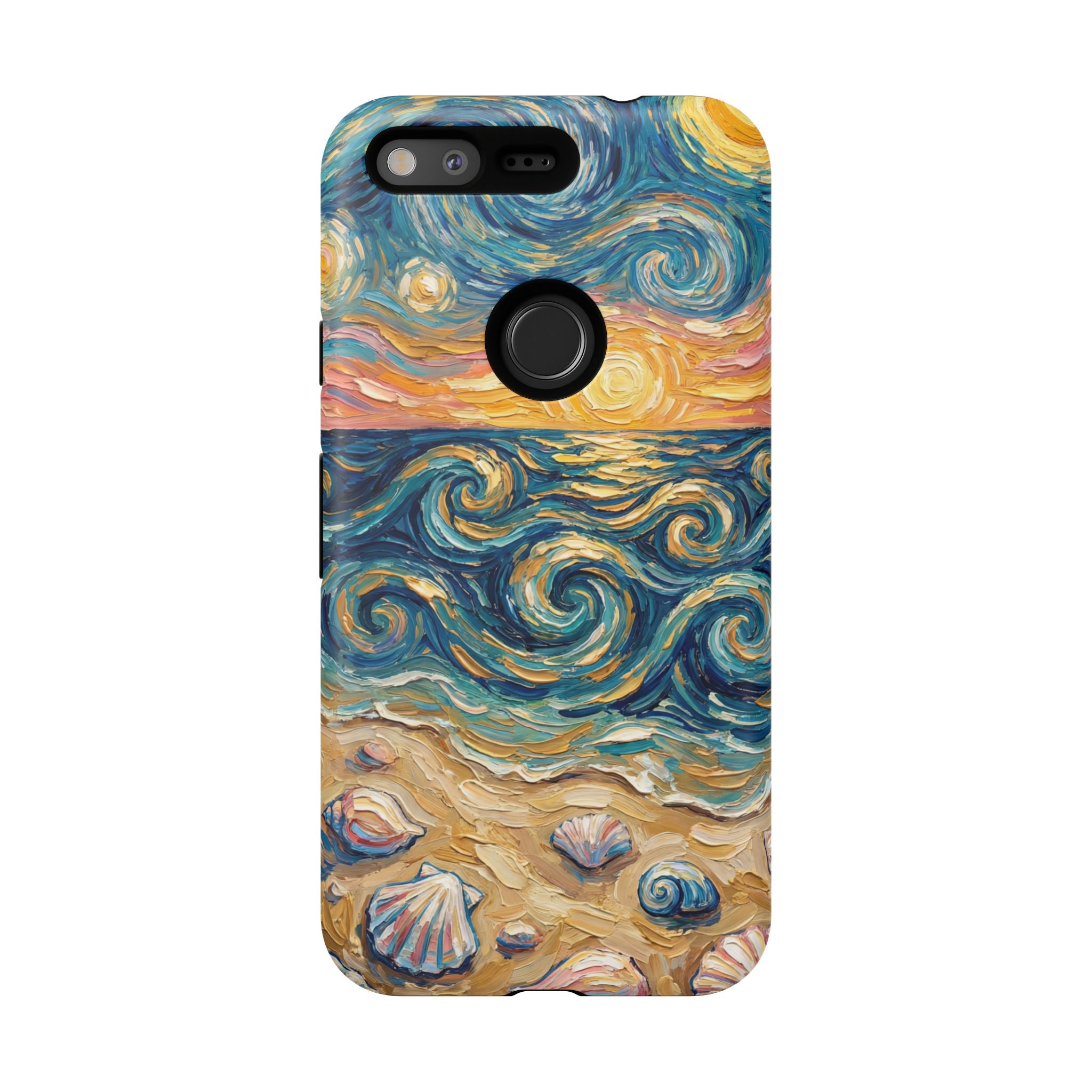Sea Sunset Google Pixel Case — Van Gogh‑Style Beach Waves with Shells