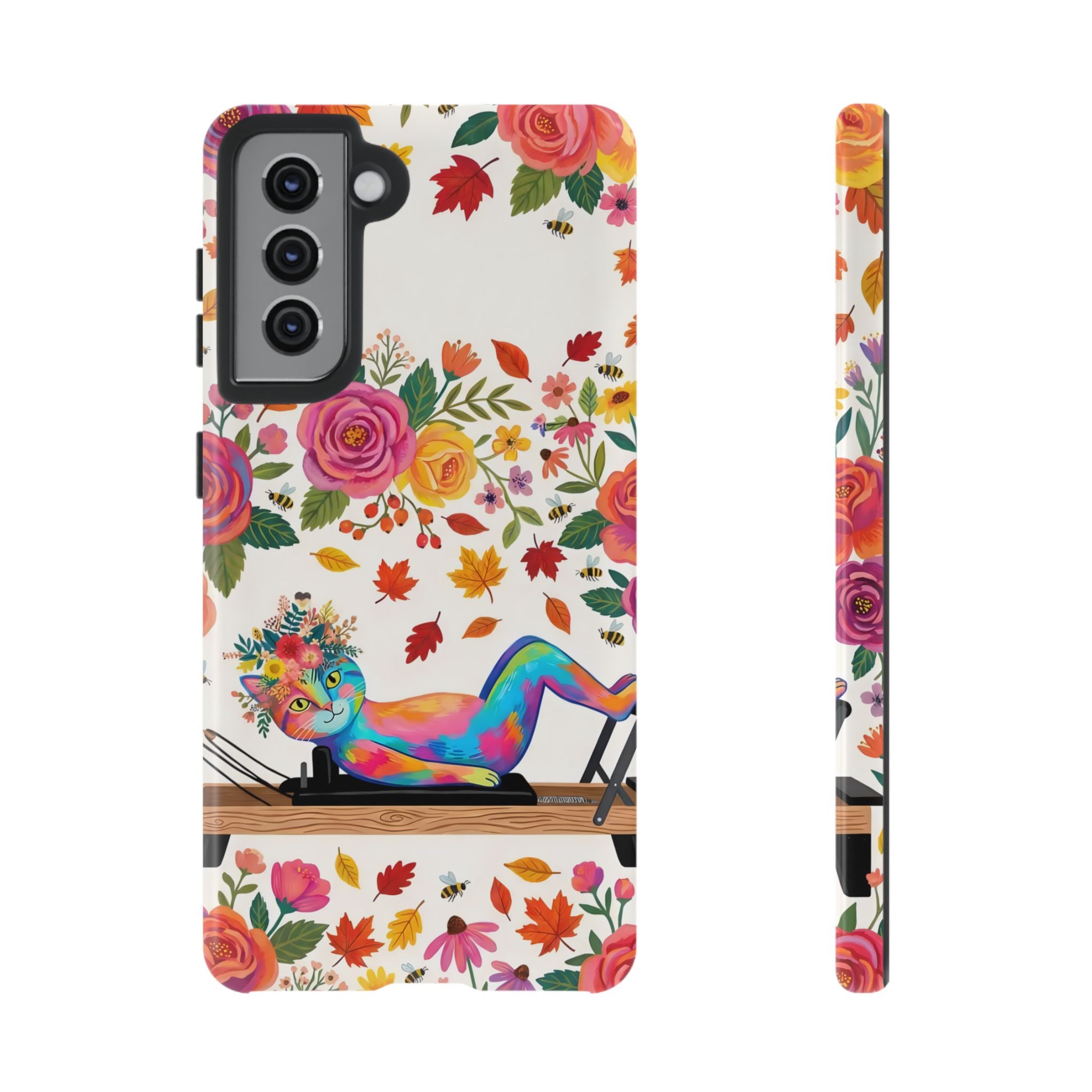 Autumn Floral Pilates Samsung Galaxy Phone Case | Colorful Rainbow Pilates Figure on Falling Leaves