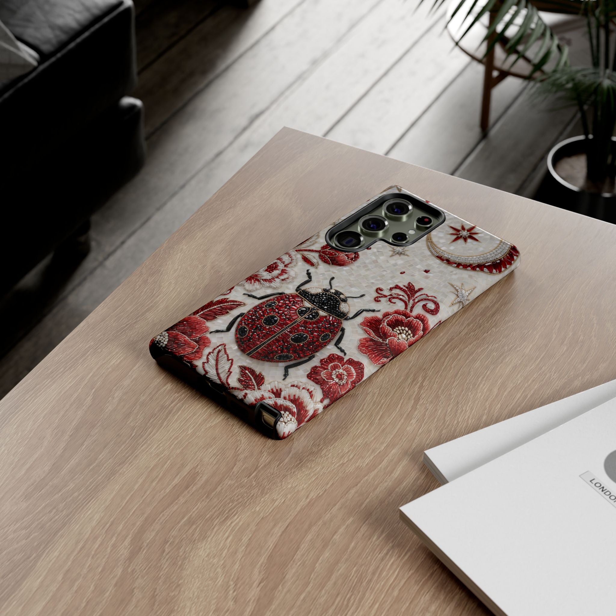 Ladybug Floral Samsung Galaxy Phone Case | Vintage Red Beetle Protective Tough Case