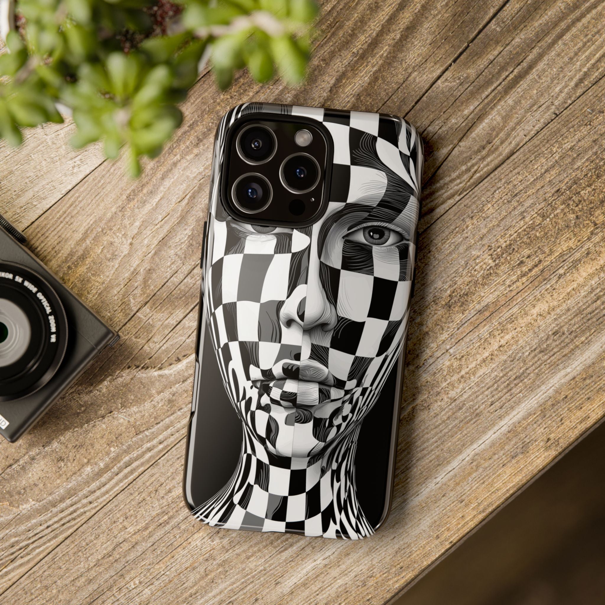 Checkerboard Face Tough iPhone Case — Black & White Surreal Art Protective Cover