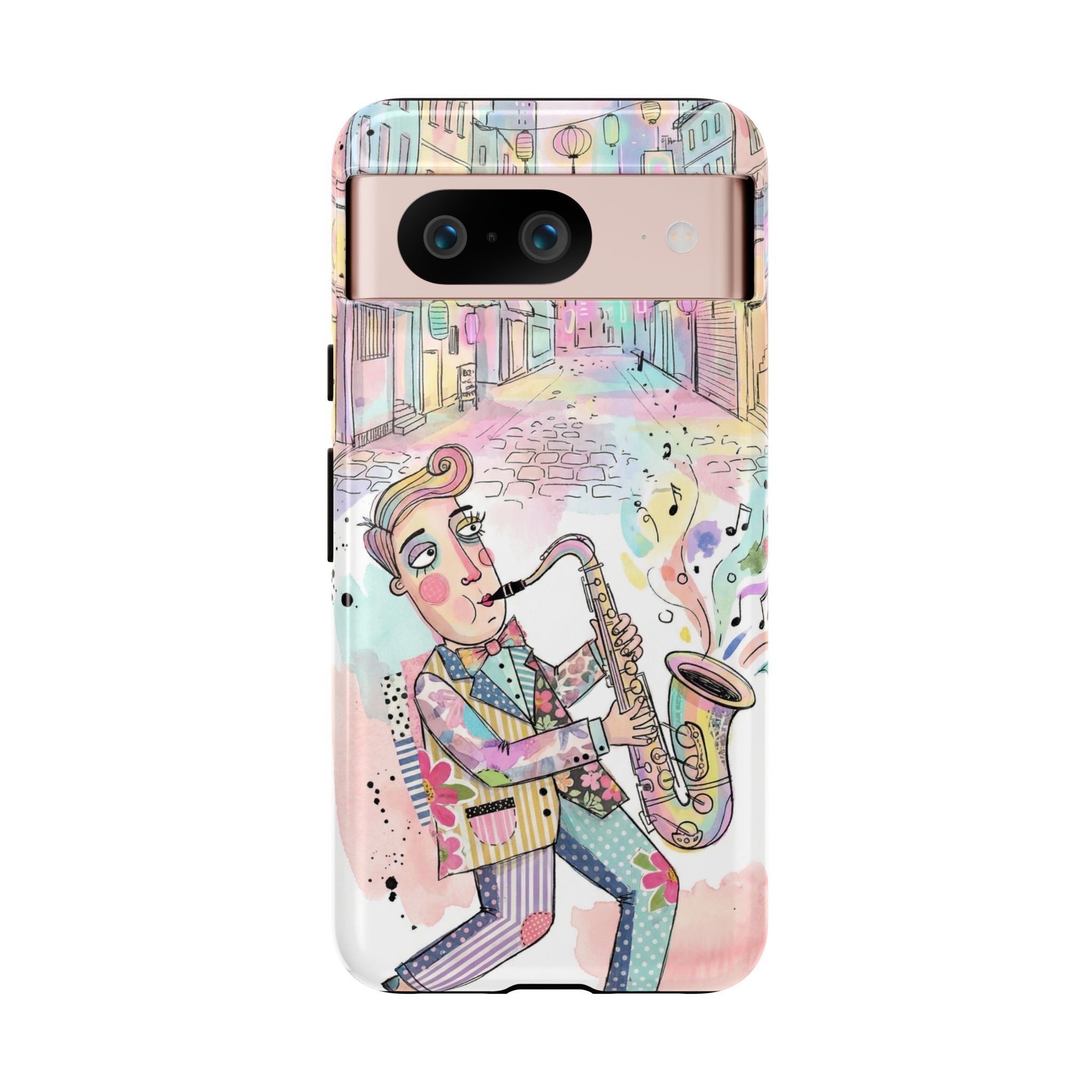 Sax Player Art Google Pixel Phone Case | Pastel Jazz Street Illustration