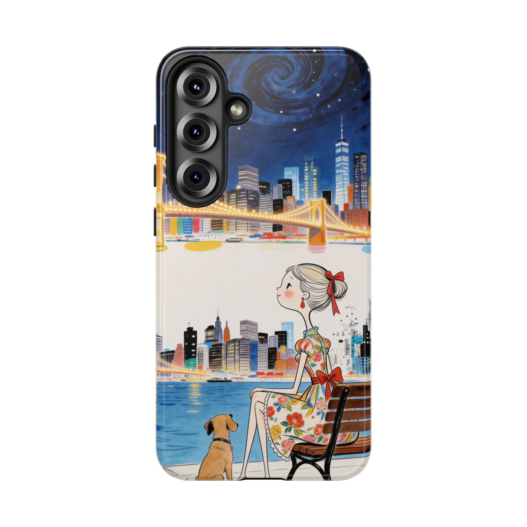 City Night Samsung Galaxy Phone Case | Cute Girl & Dog Bench Illustration