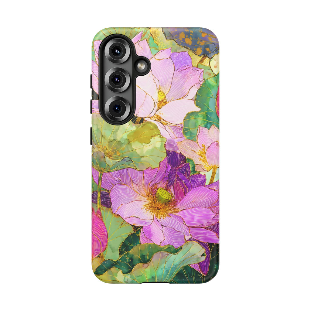 Custodia Protettiva Resistente per Telefono Samsung Galaxy con Acquerello Floreale | Cover Protettiva Giardino di Loto Rosa